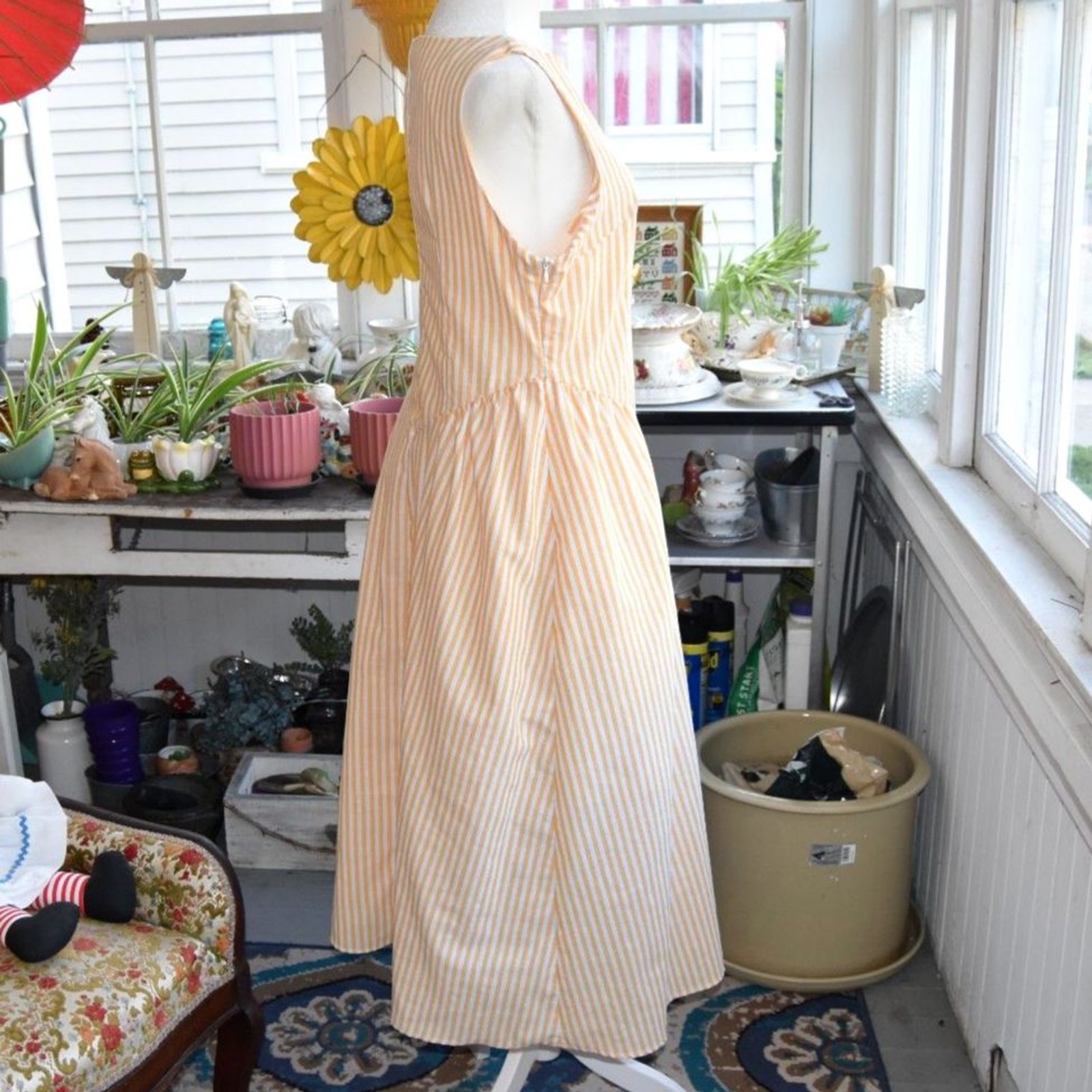Vintage 60s Yellow White Striped Dress Side Zip Drop Waist Midi M