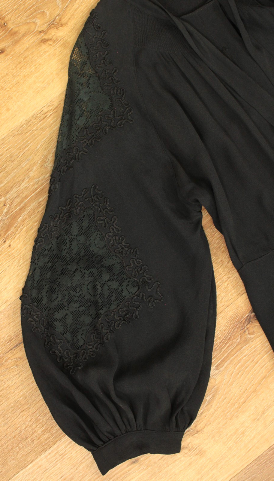 VTG Women’s 30s Black Drop Waist Dress W/ Lace Insert Sleeves Sz M/L 1930s