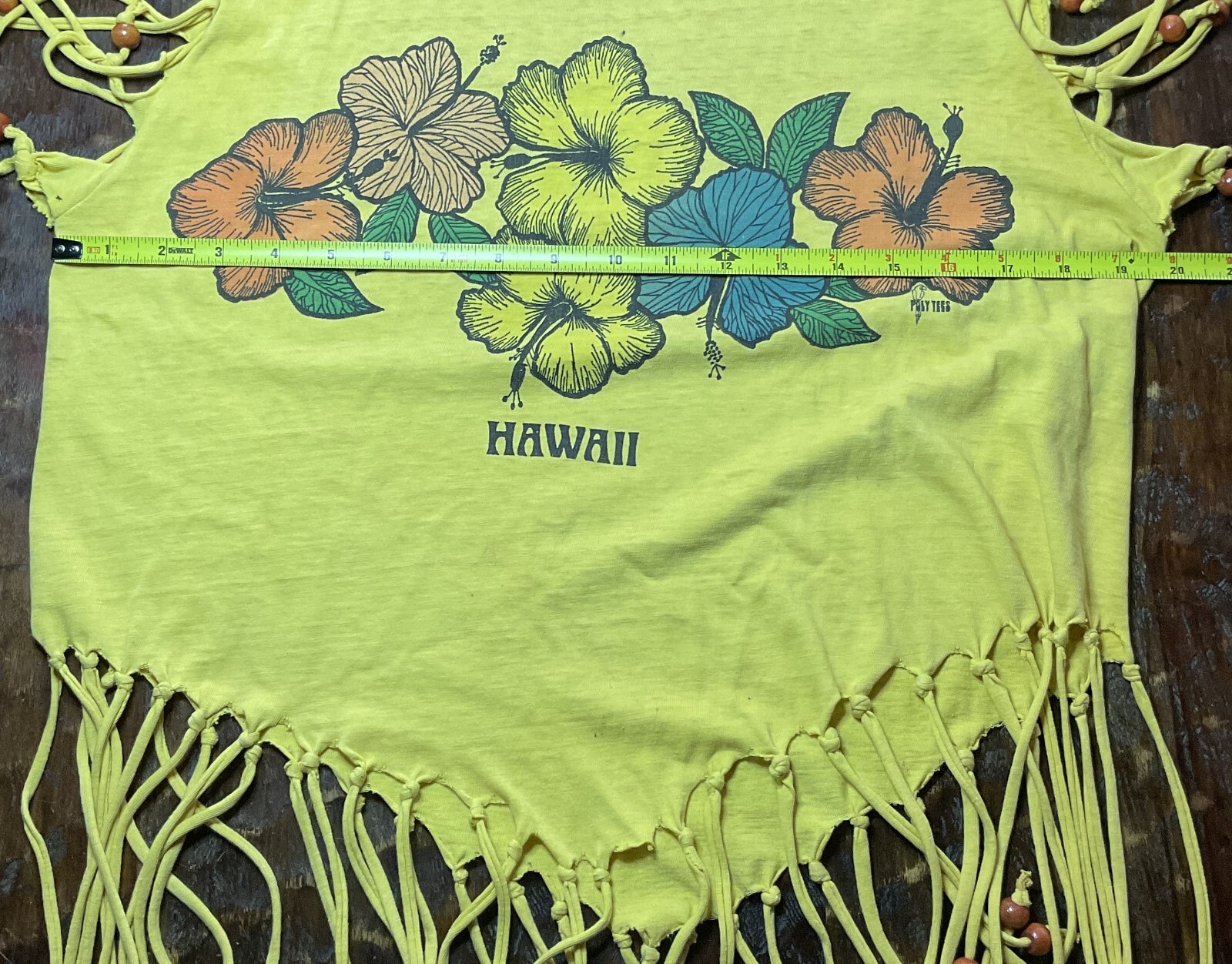 Vintage 1980s Radical Sunny Yellow Hawaiian Flower Top Bead Fringe Size Small