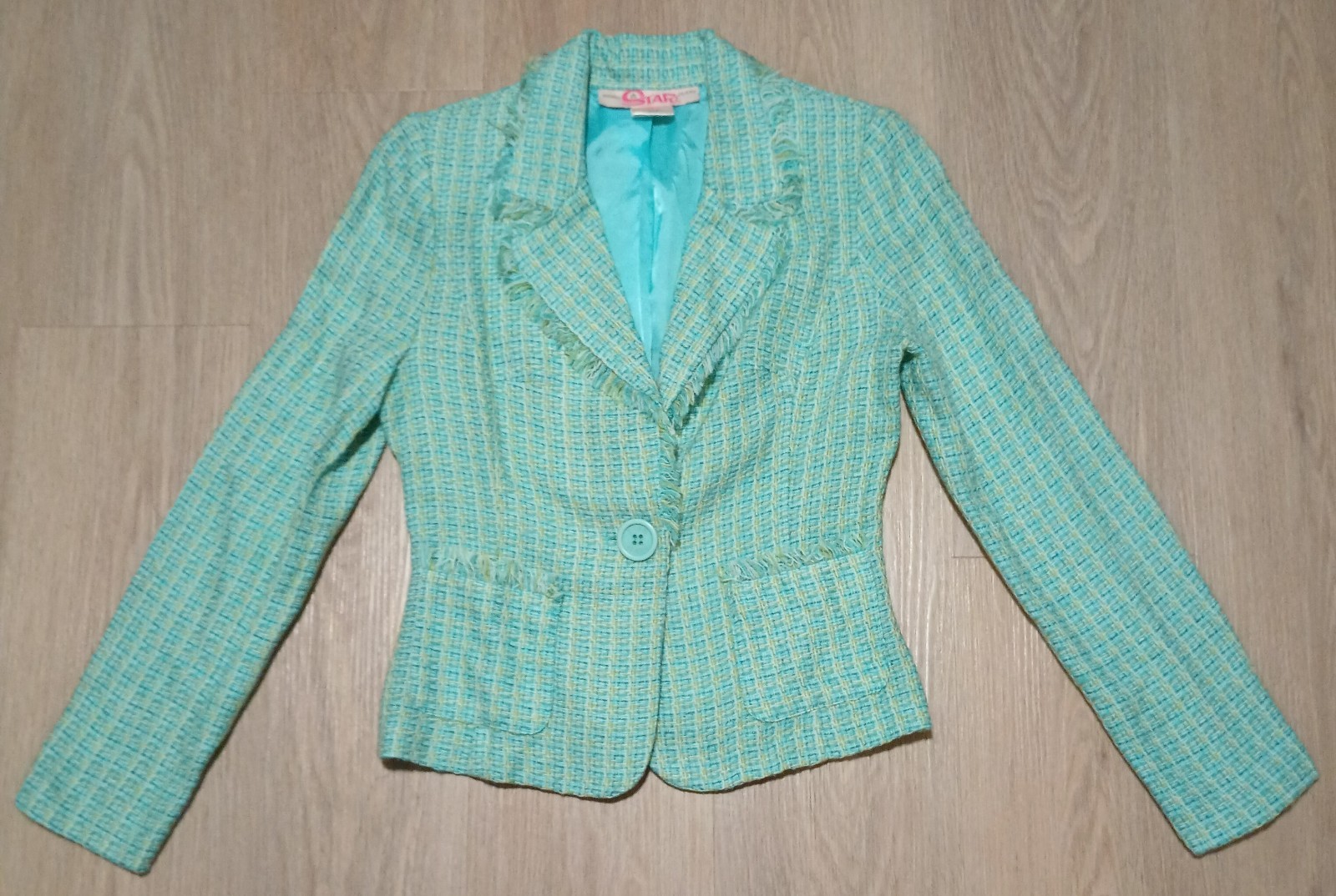Vtg 80s ORIGINAL STAR JEANS Fringed Teal Crochet Blazer Jacket S