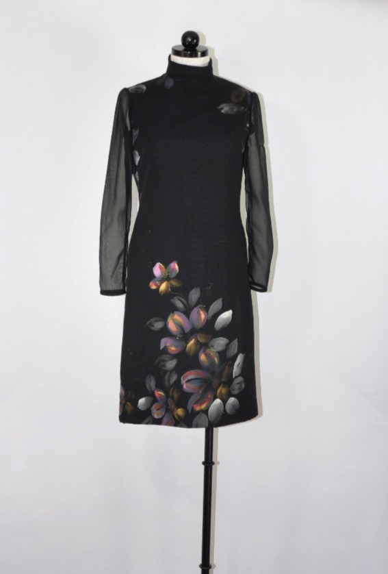 60s Vintage Black Hand Painted Floral Sheer Chiffon Sleeve Shift Dress Women S
