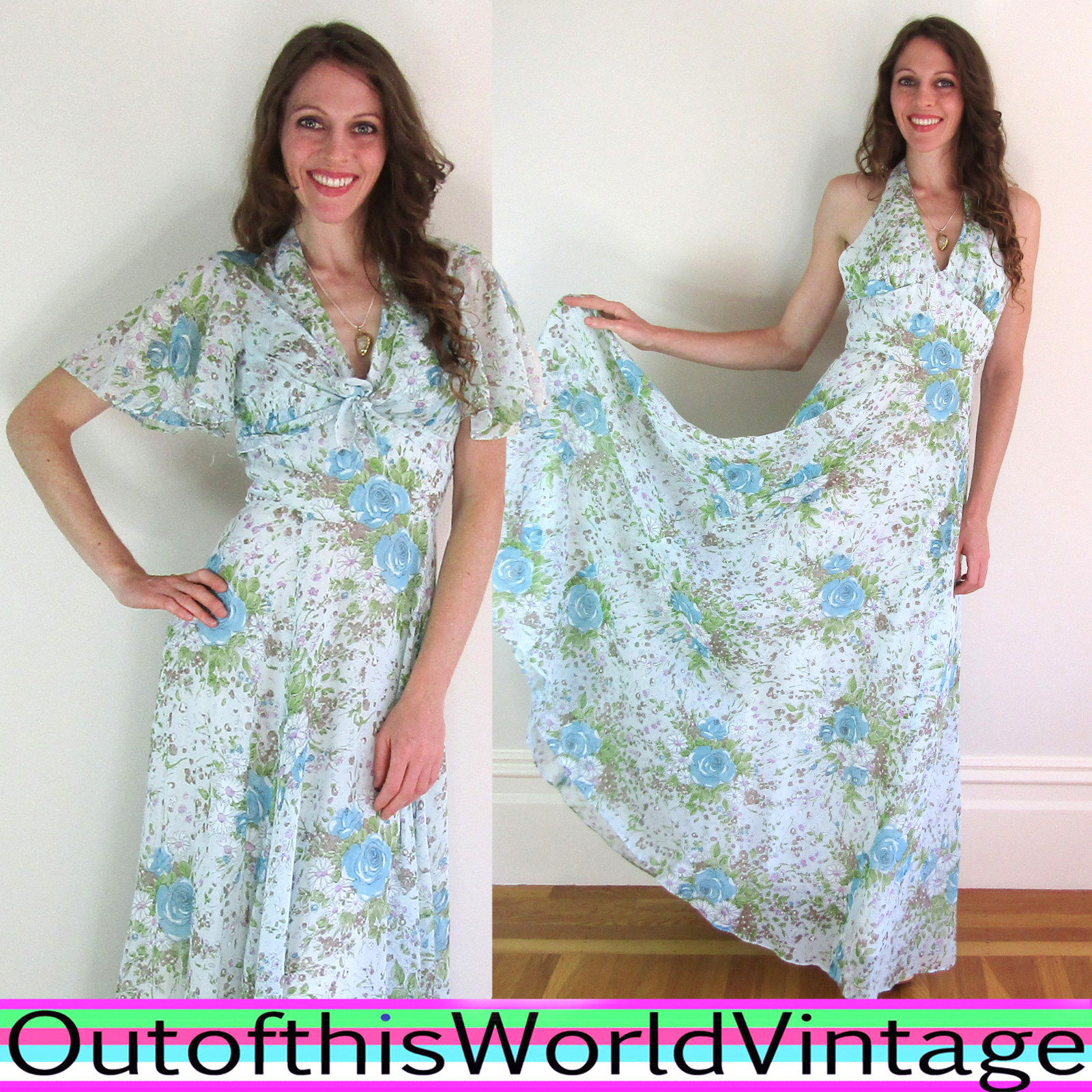 Vtg 70s Green PRAIRIE HALTER DRESS floral maxi HIPPIE FESTIVAL M