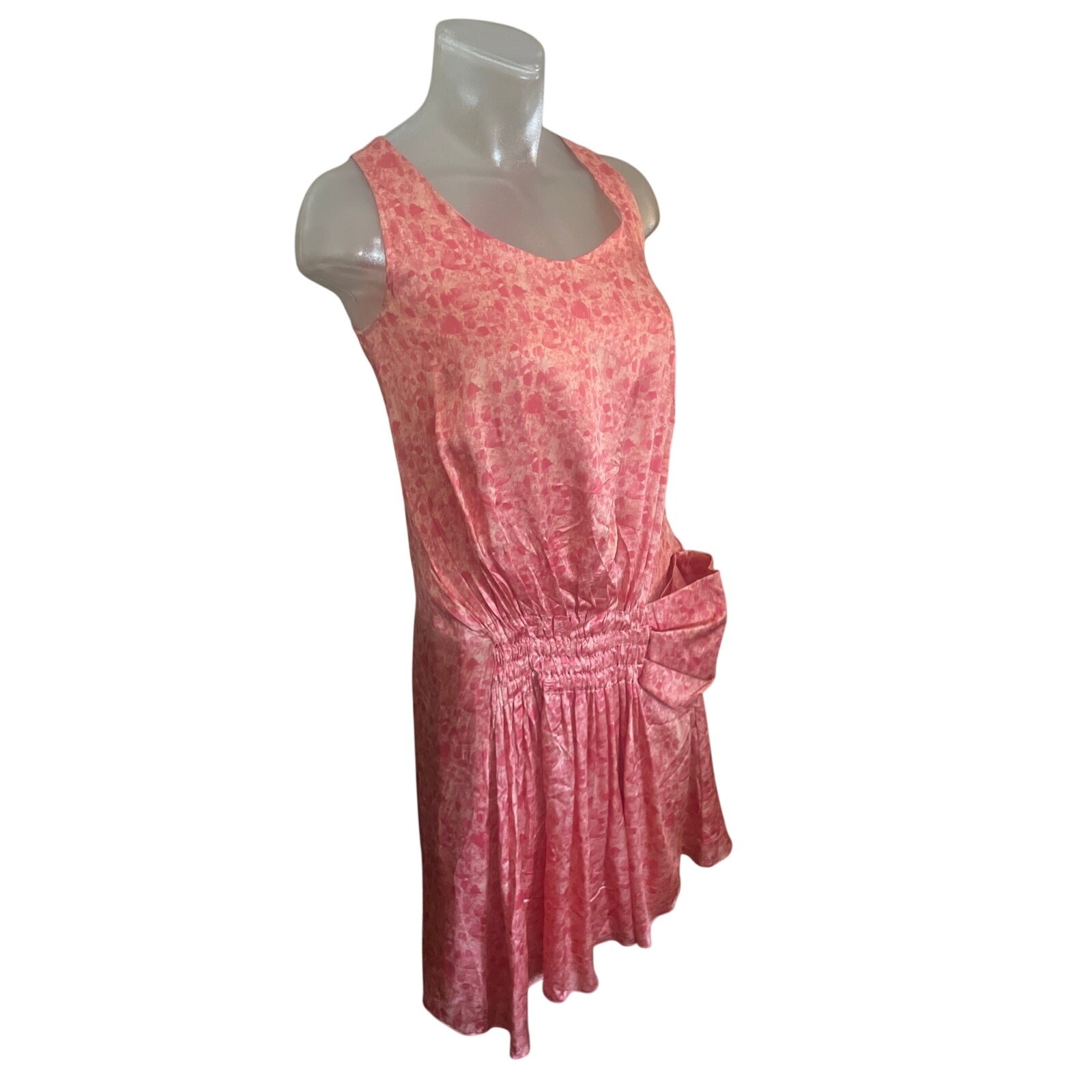 Vintage RUE Du MAIL Pink Satin Printed Drop Waist Dress FEMININE Silk Size 38 S