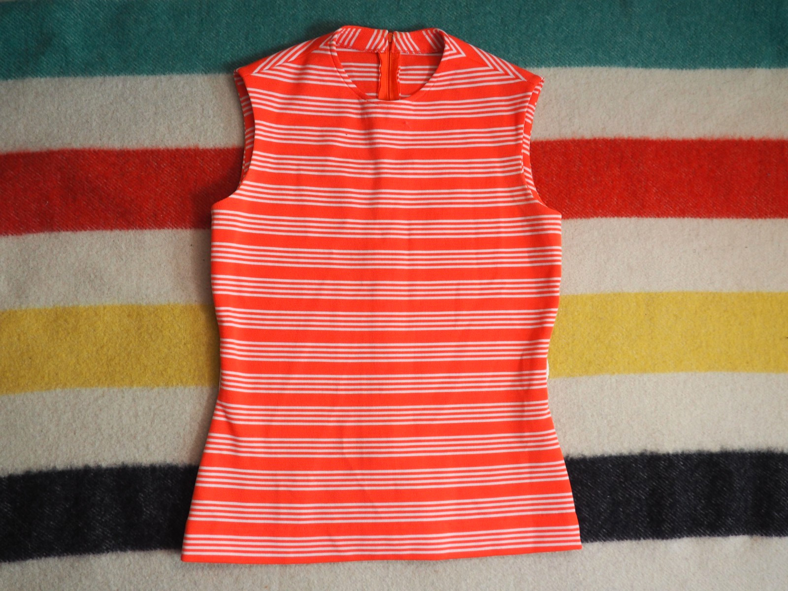VTG 70s Orange White Hippy Boho Retro Talon USA Poly Womens Shirt Top S