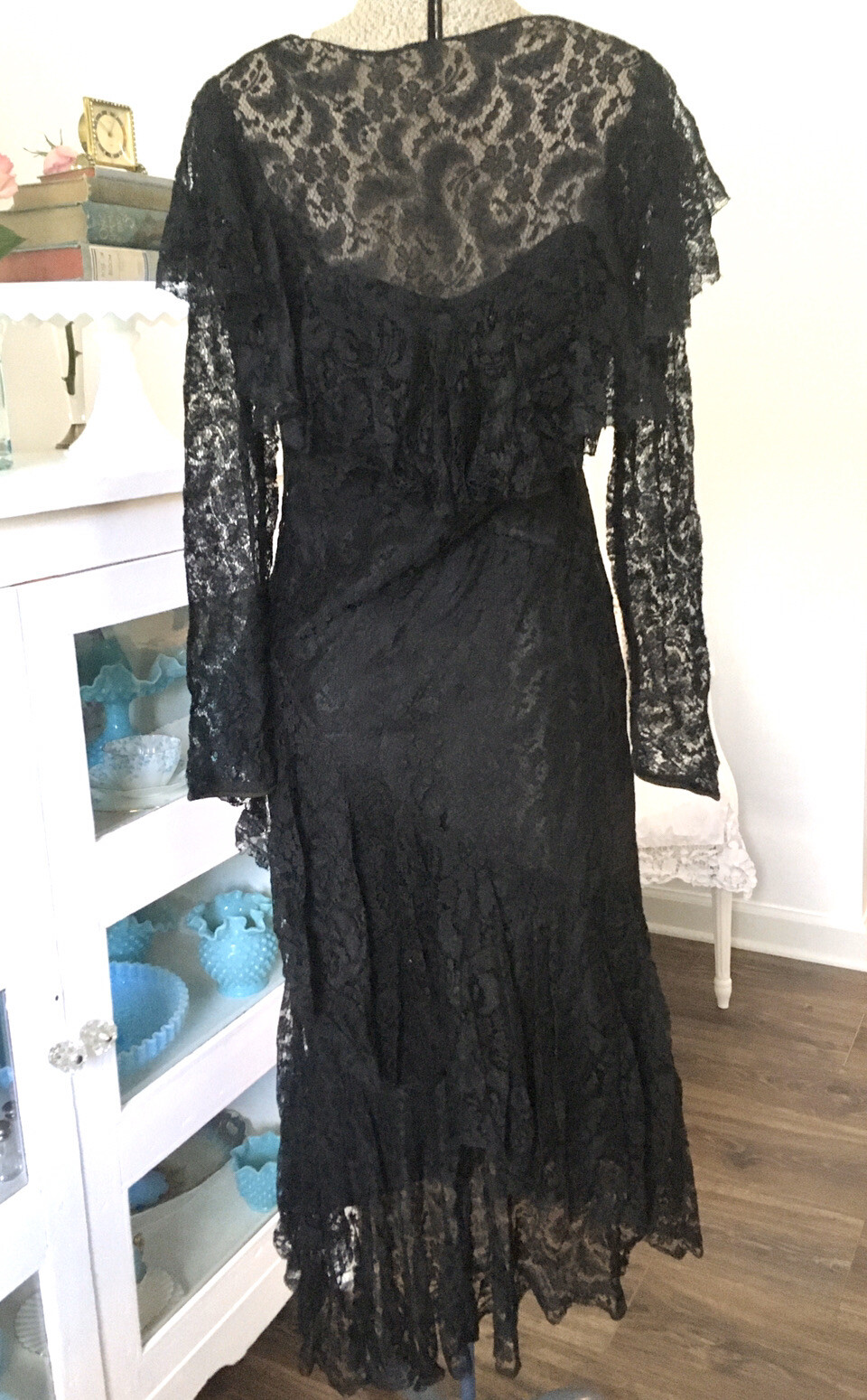 VTG 1920’s 30s Sheer BLACK LACE Evening Gown DRESS Bias Flounced RUFFLES Party