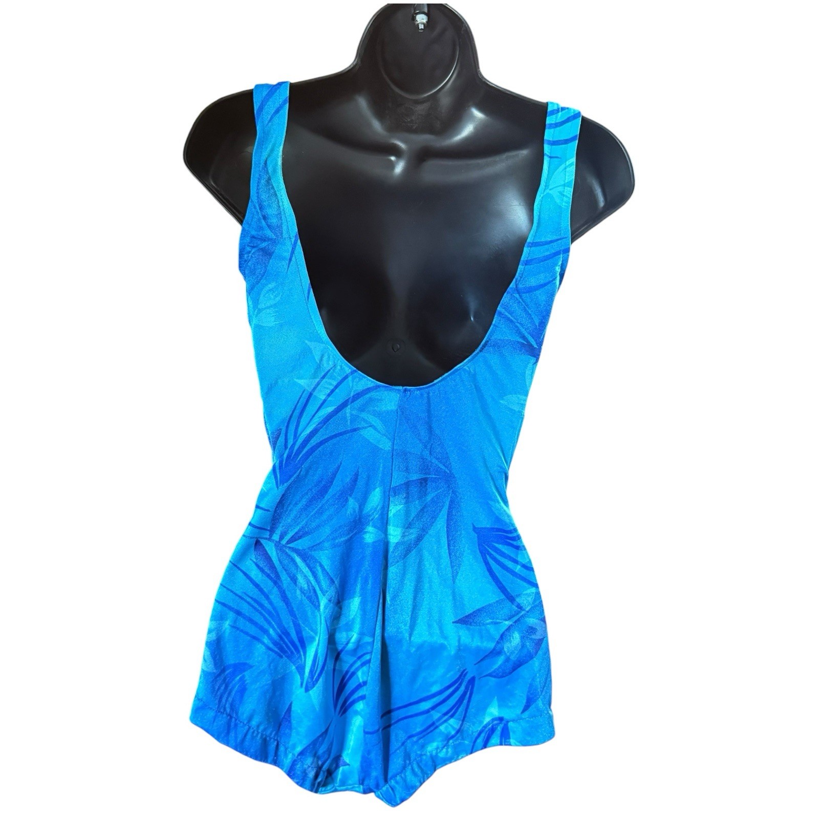 Vintage Maxine of Hollywood One Piece Swimsuit 12 Ruched Blue Palm Leaf 90s