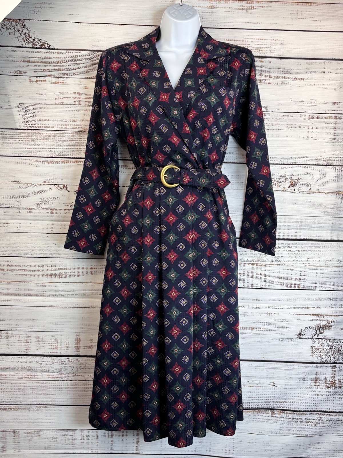 Vintage Leslie Fay Dress 8 Navy Belted Geometric Faux Wrap Stunning! Pinup Retro
