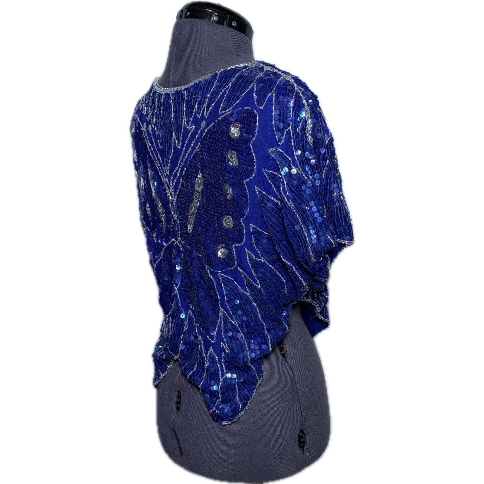 Vtg 70s Blue Butterfly Sequin Beaded Silk Top Disco Party Blouse B40 W30 S DMG