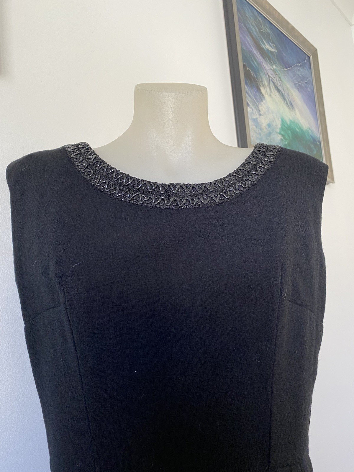50,s Classic Fine Wool Crepe Sheath With Braided Neckline. Classic Elegance.38”b