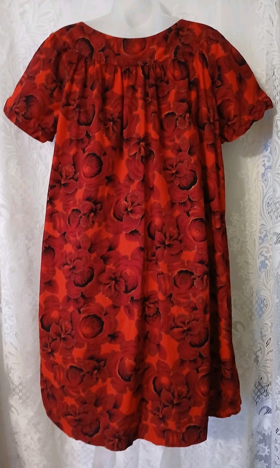 Vintage 70s Hawaiian Red Floral Cotton Muumuu Caftan Tiki Oasis Dress M/L