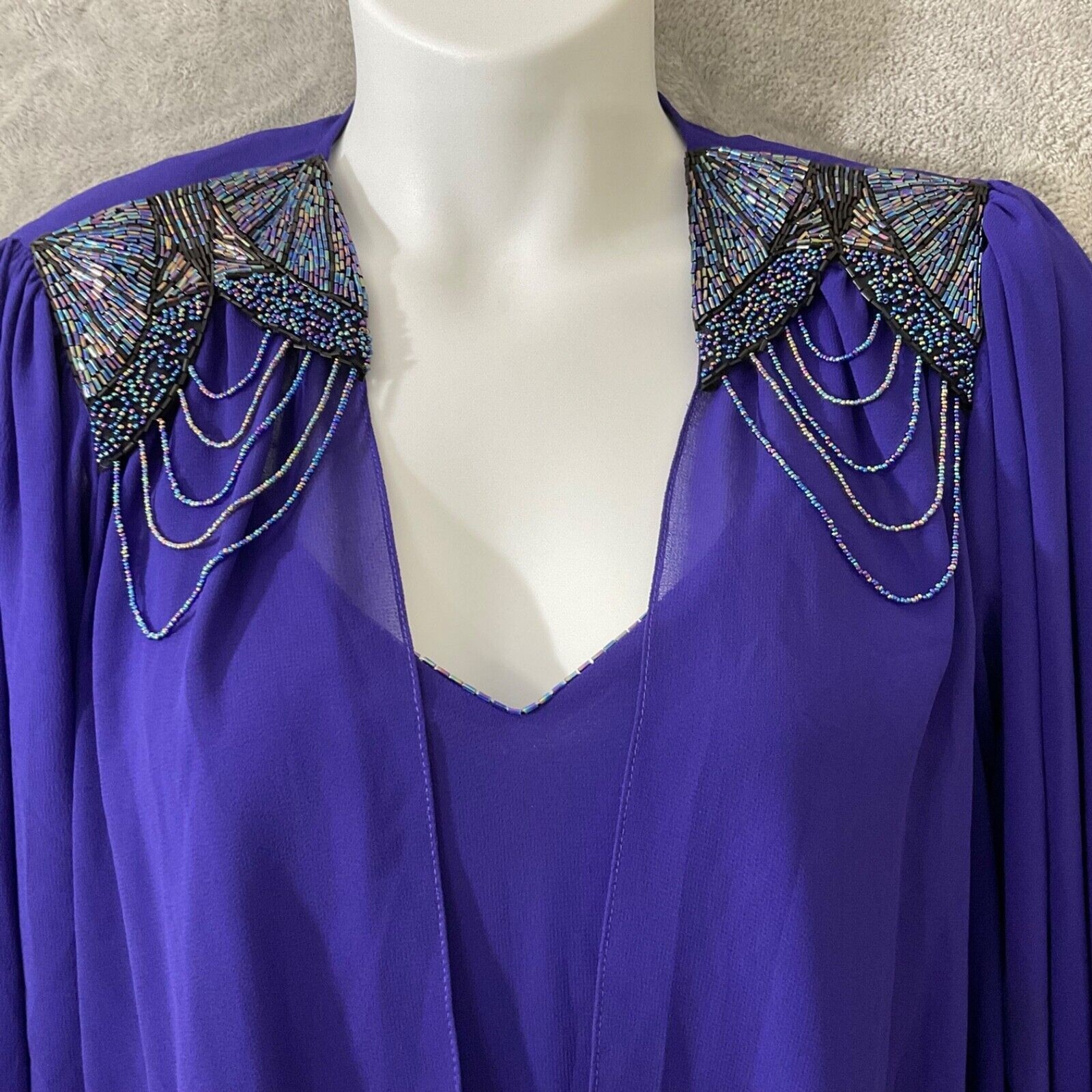 Casadei 1980s Double Layered Formal Dress M/L Purple beaded shoulders Art Deco