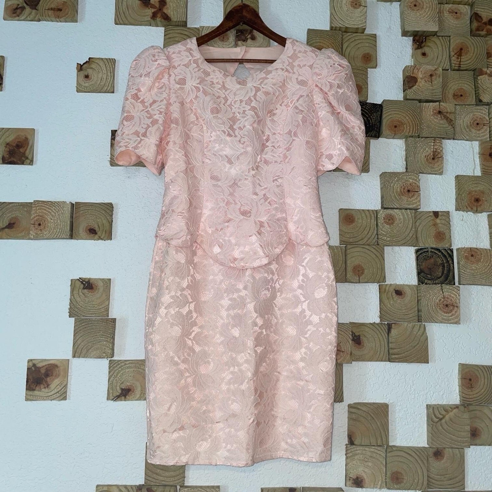Vintage 80s Gunne Sax Womens 9/10 Formal Dress Light Pink Lace Shoulder Pads VTG