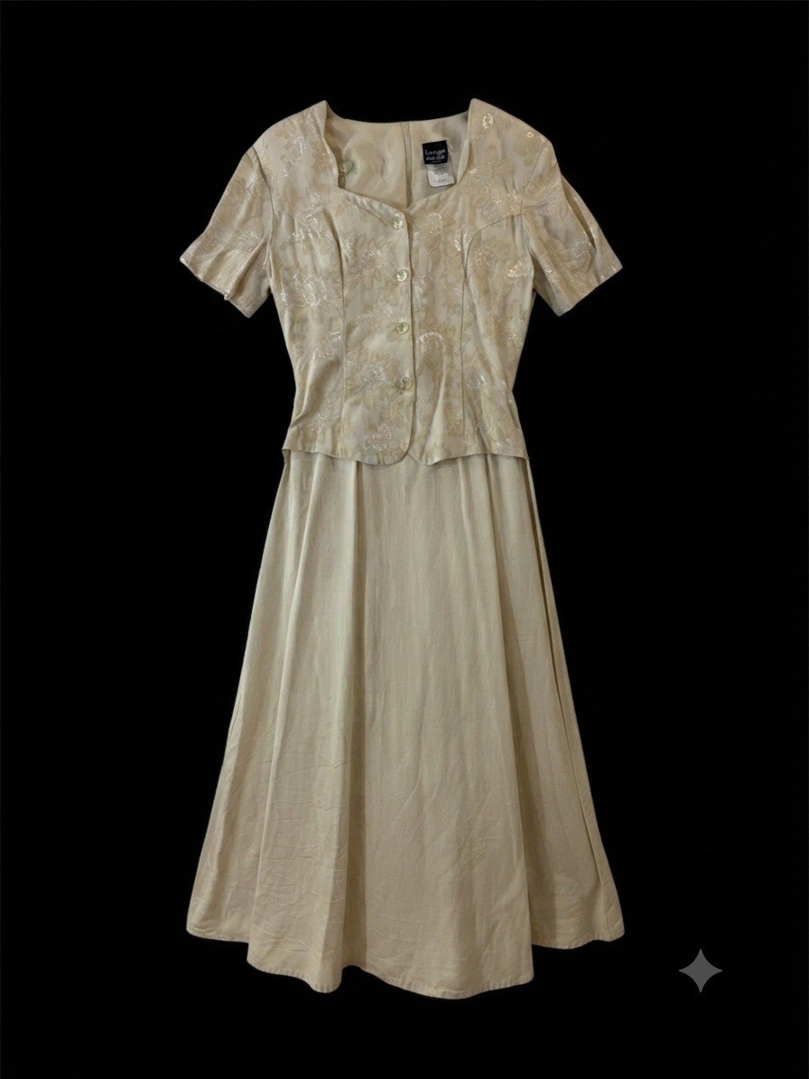 VTG 90s Knapp Studio Champagne Jacquard Floral Cap Sleeve Long Dress 11 Cottage