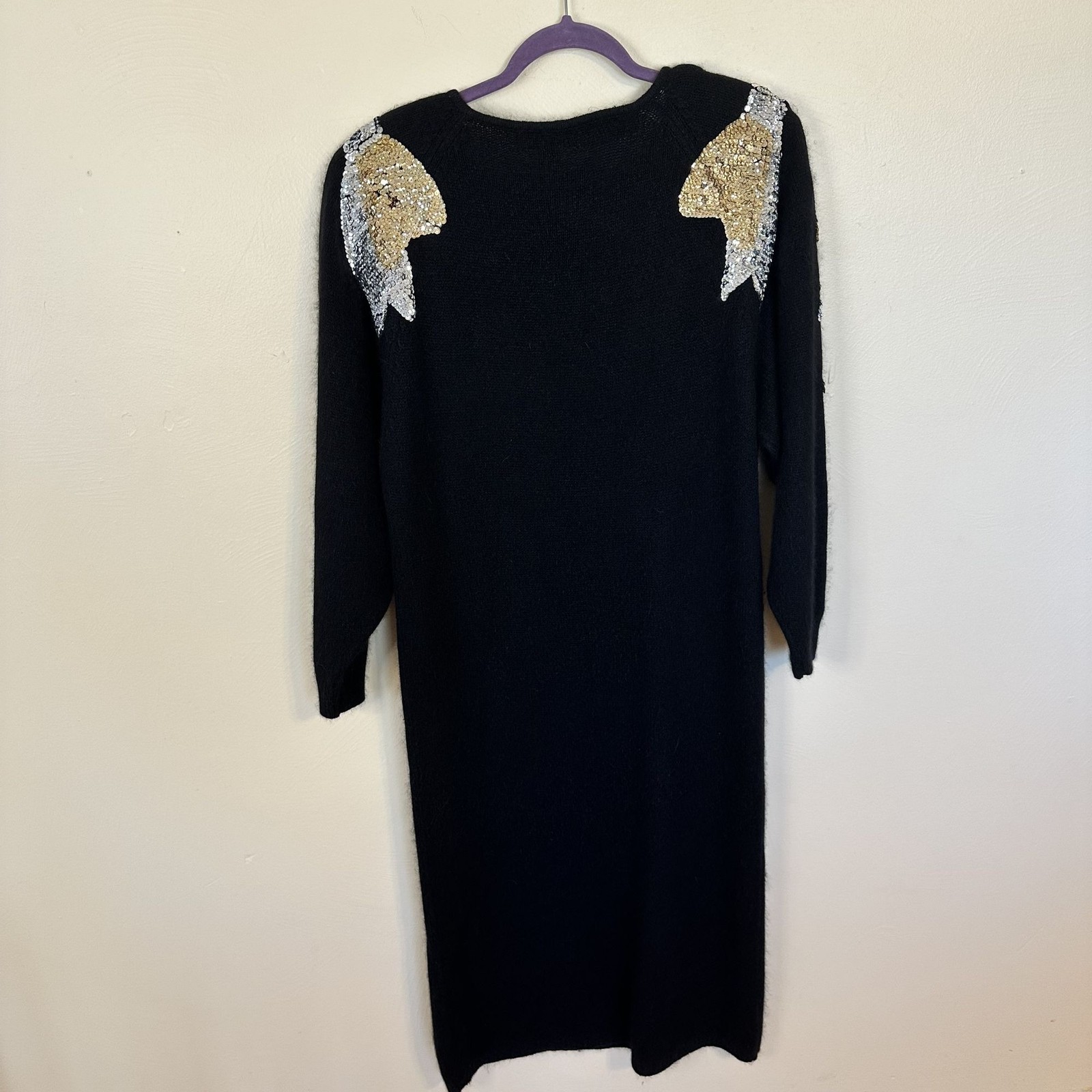 Vtg Black Sequin Embellished Sweater Dress By Gladys Bagley Womens 90s Silk