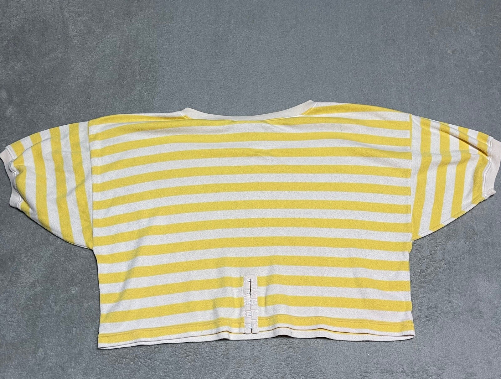 Vintage Beldoch Popper Shirt Womens Large Yellow White Striped Short Sleeve Crop