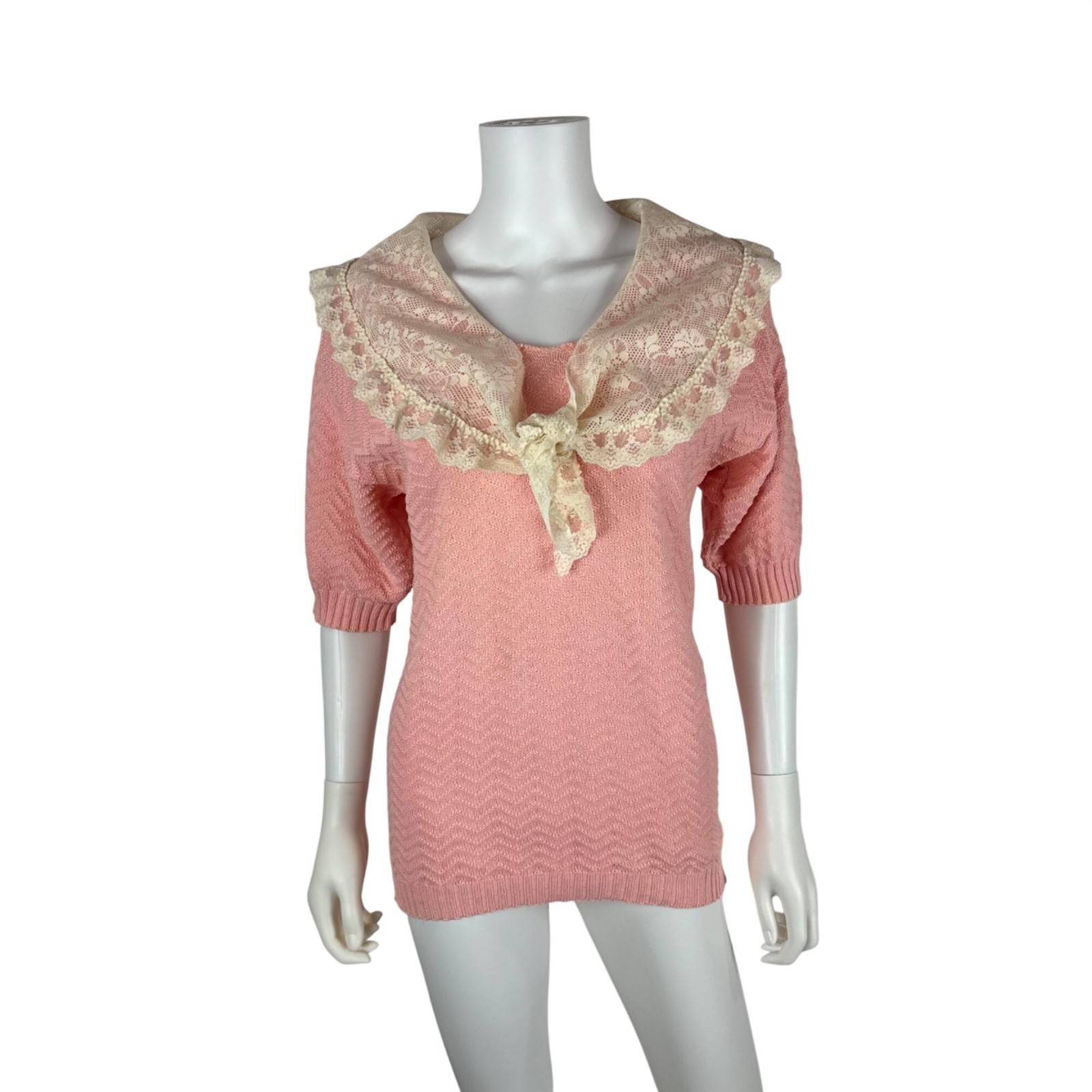 Vintage 80s Pink Sweater Womens Small Cream Lace Sailor Collar Romantic Knit Top