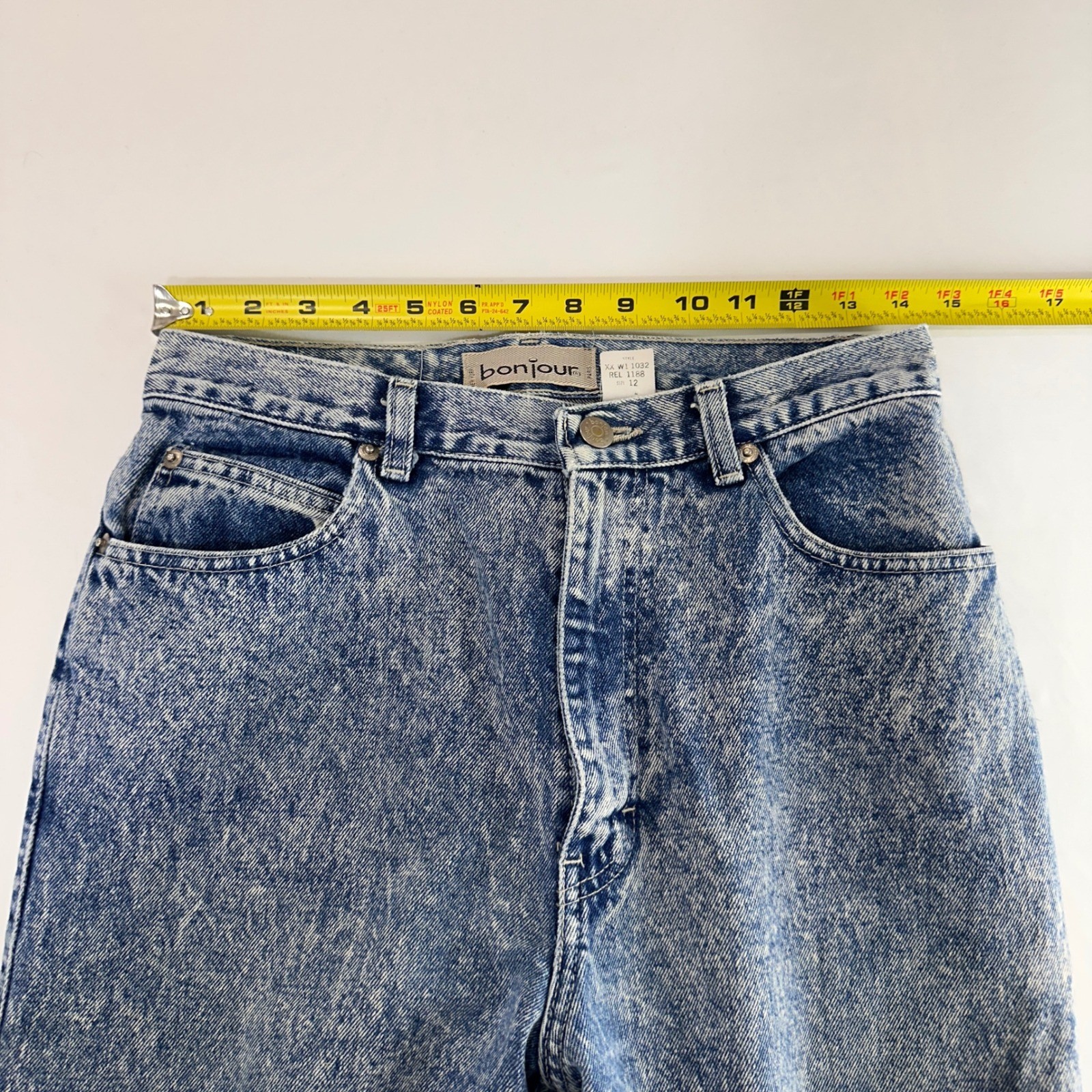 Bonjour Vintage High Waisted Acid Wash Jeans Womens 12 Blue Tapered | Retro 80s