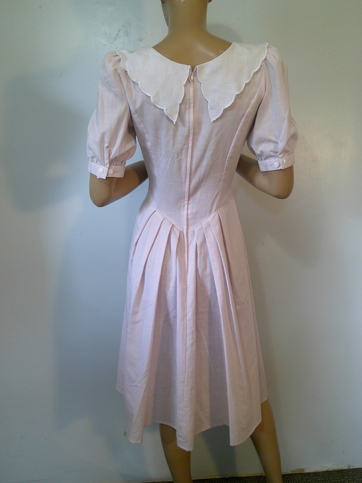 Vtg 80’s Garden Party Modest Style Pink Drop Waist Puff Slv Lace Collar Dress 8