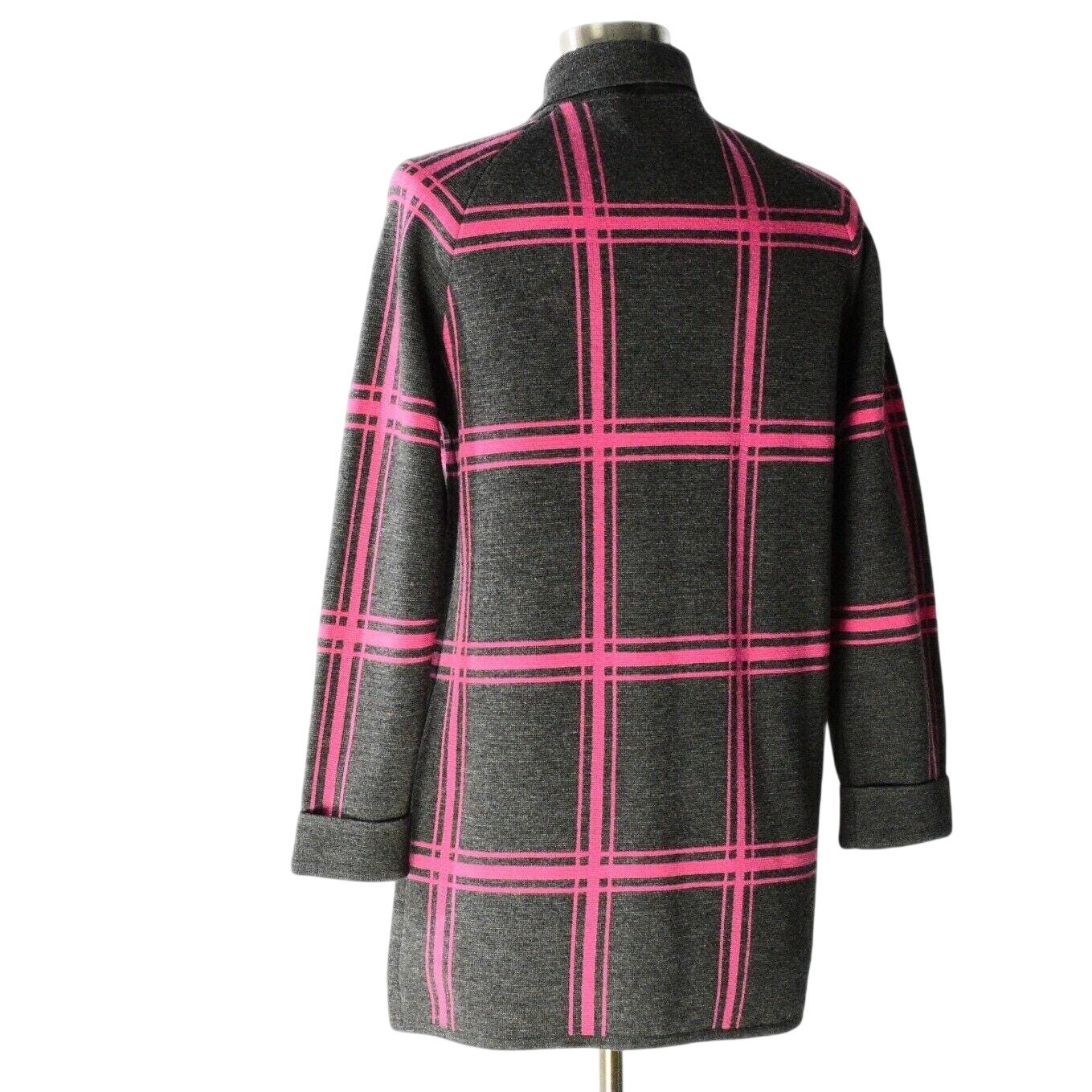 60s Vintage 100%Wool Hot Pink Knit Jacket Womens M Band Collar Plaid Sweatercoat