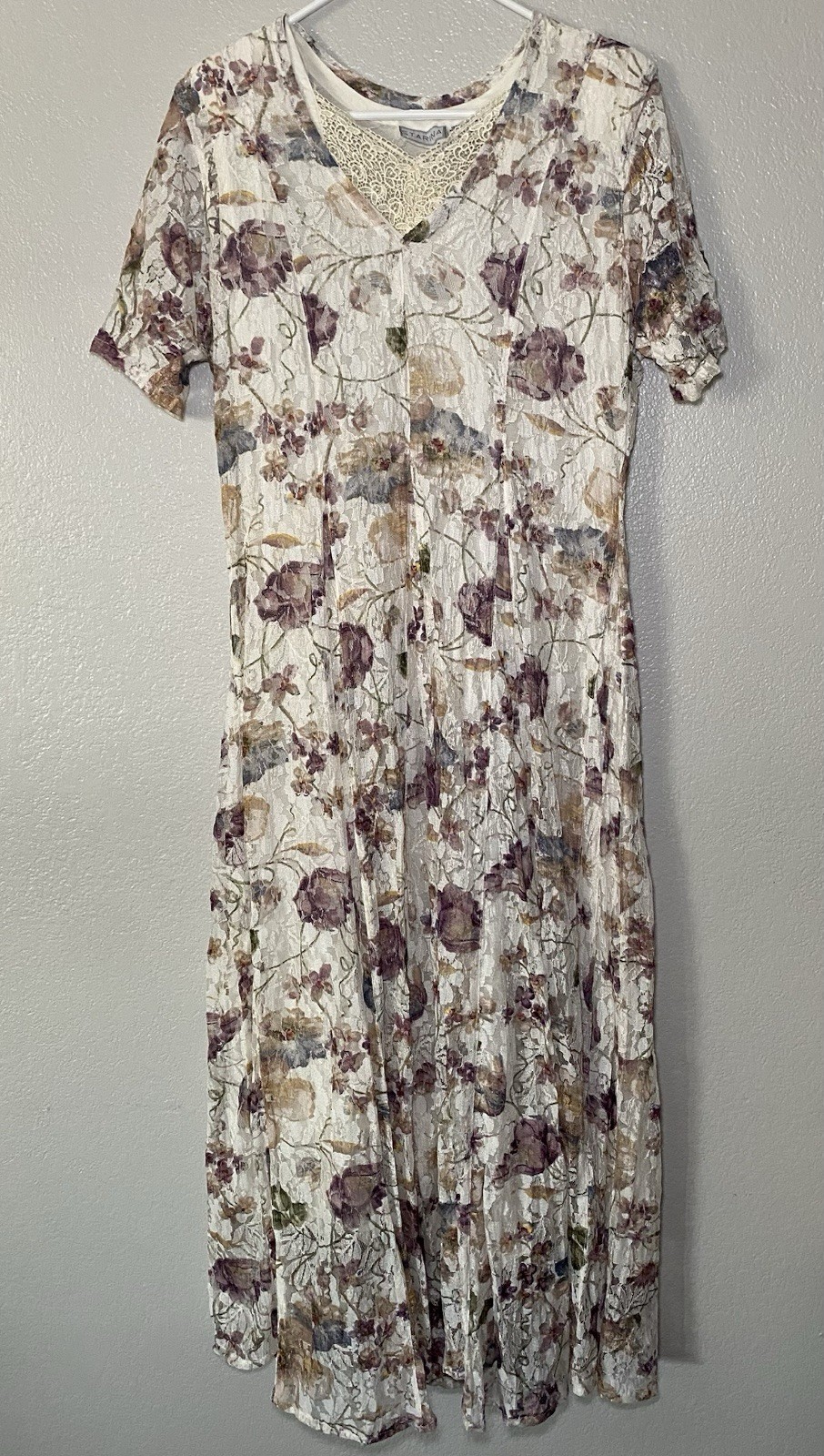 Vintage Starina Floral Lace Dress With Slip Shoulder Pads Size M Prairie