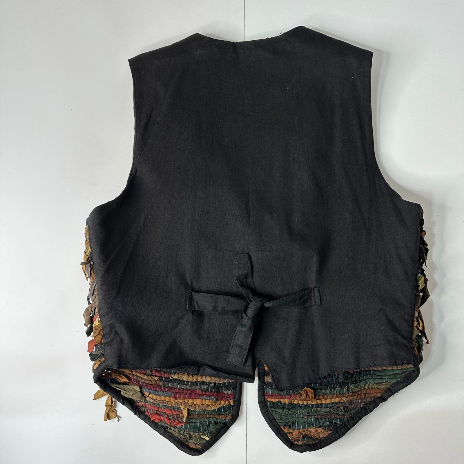 Vtg Exceptional Leather Scrap Vest Multicolor Black Boho Artwear Rag Rug Sz L