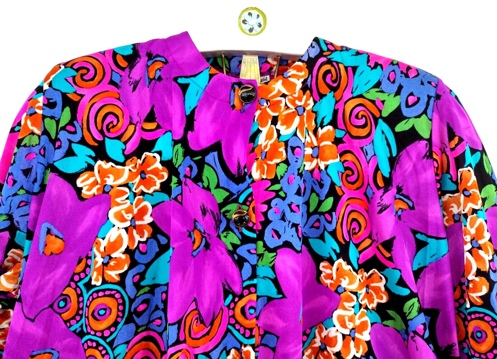 Vtg 80’s Psychedelic Floral A-line Top Sz S by De Weese Long S Cover-up Pockets