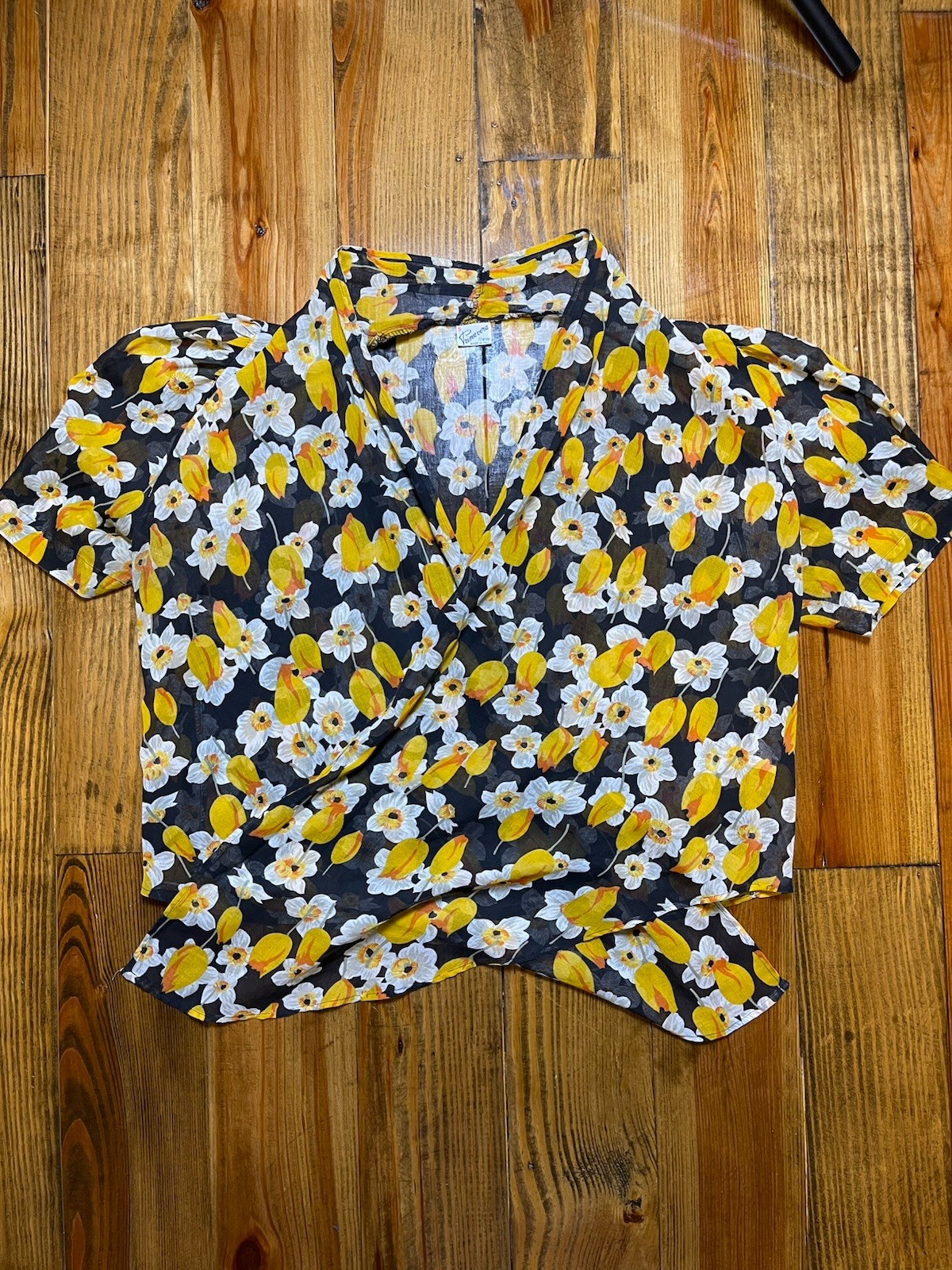 Vintage 1960s Sheer Black Floral Daffodil Print Italian Tie Front Blouse Coverup