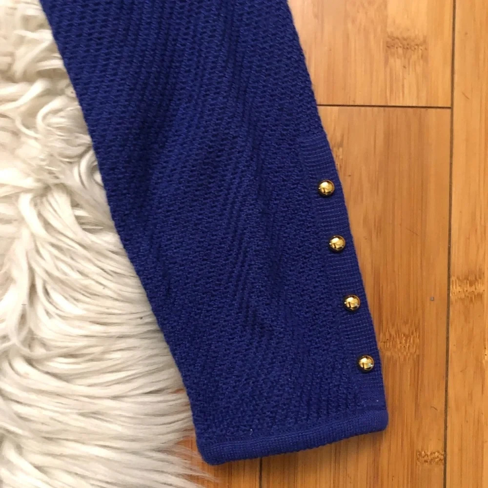 Vintage 70s 80s CIAO Ltd Wool Preppy Gold Stud Cobalt Midi Knot Sweater Dress 12