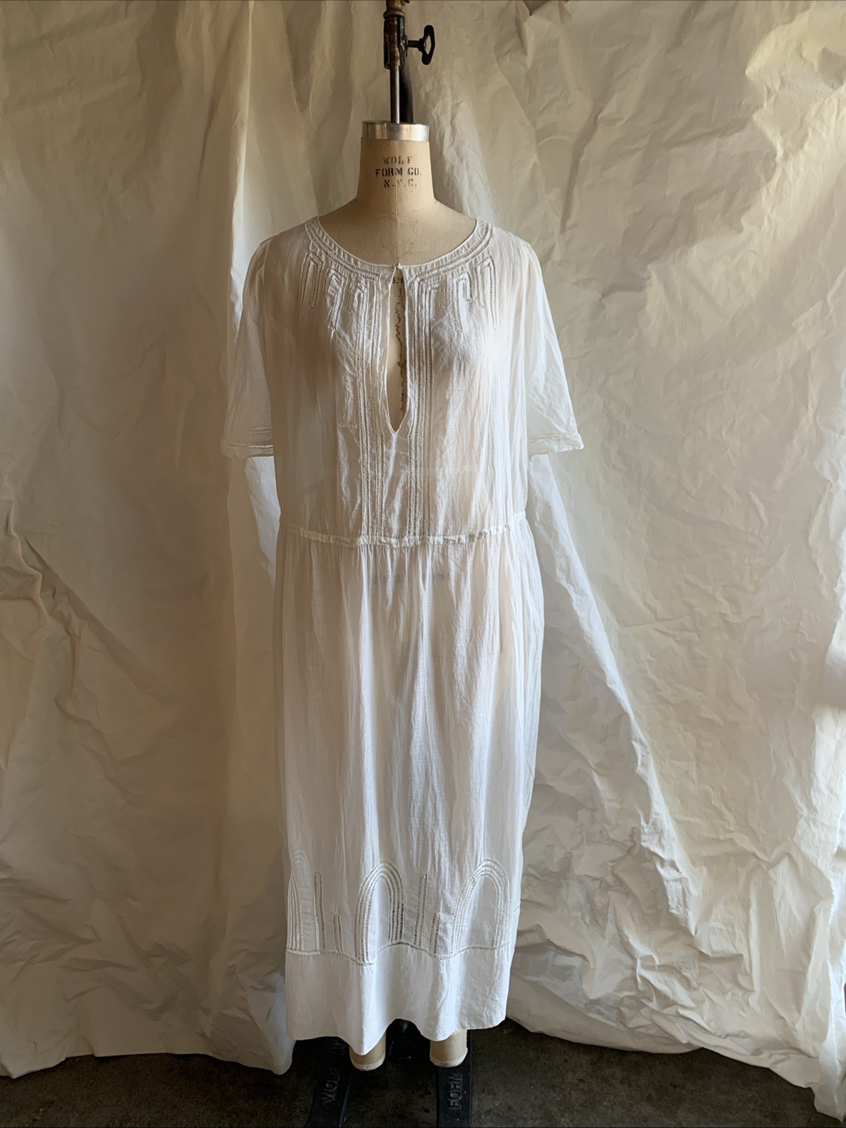 VTG Women’s 20s White Sheer Cotton Voile Dress W/ Open Work Detail Sz M/L 1920s