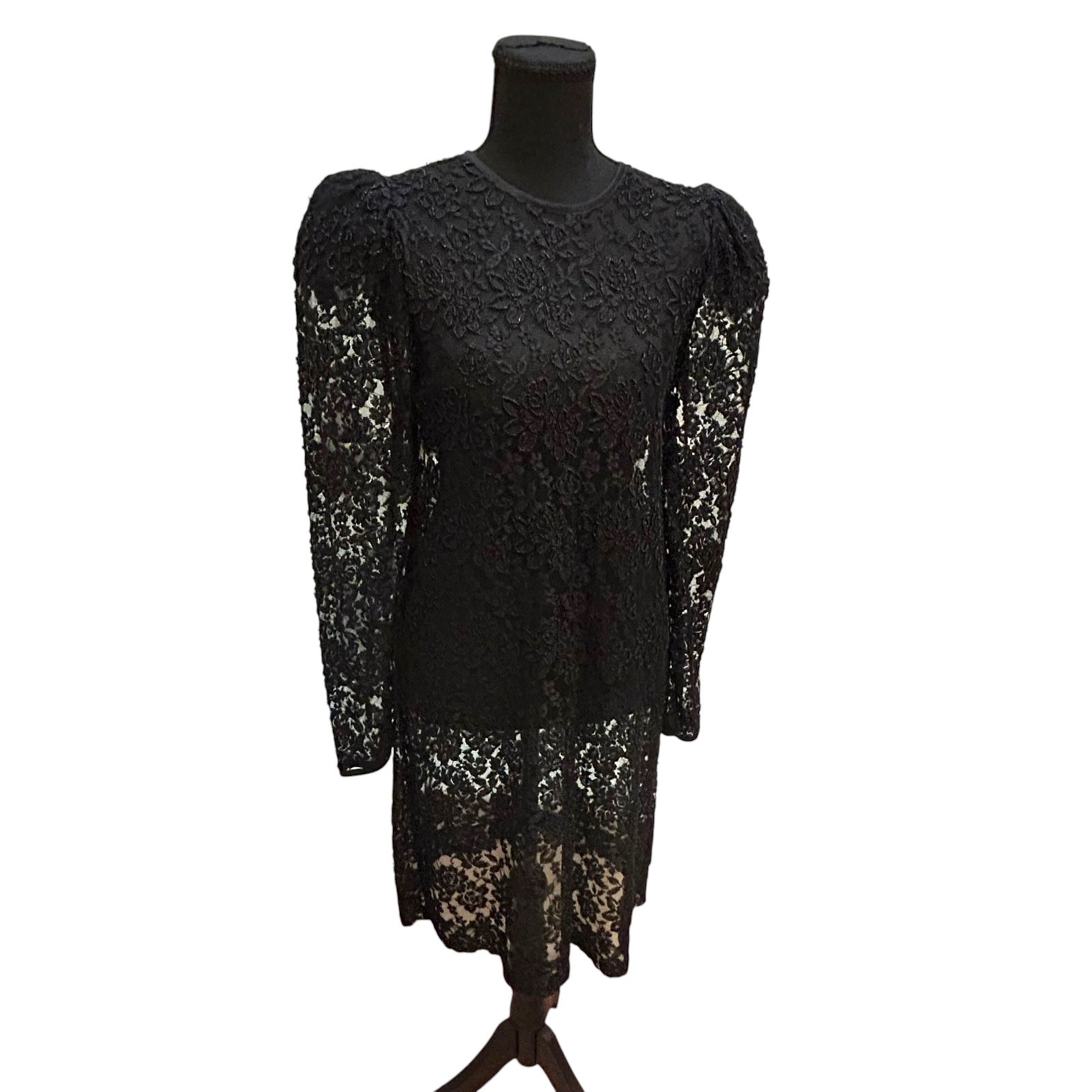 Vintage Sheer Black Floral Lace Dress 1980s Puffed Sleeves Victorian Goth Size S