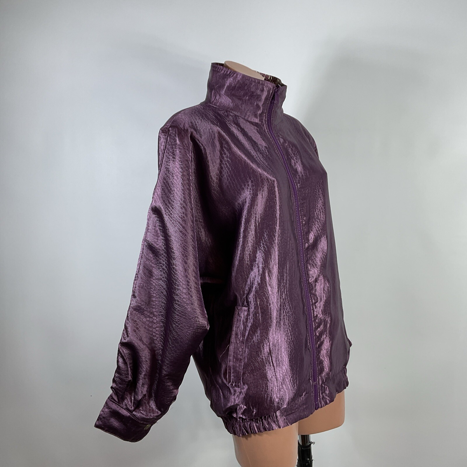 Vintage Rafael Satin Bomber Jacket Y2K Reversible Metallic Purple Animal Print S