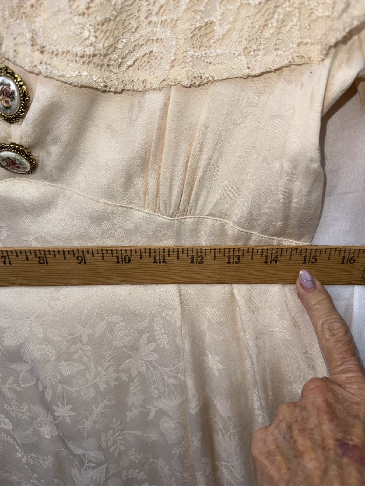 VTG 80s Lacy After Noon Shell Kepler Ivory Brocade Dress CottageCore Sz 8 V Good
