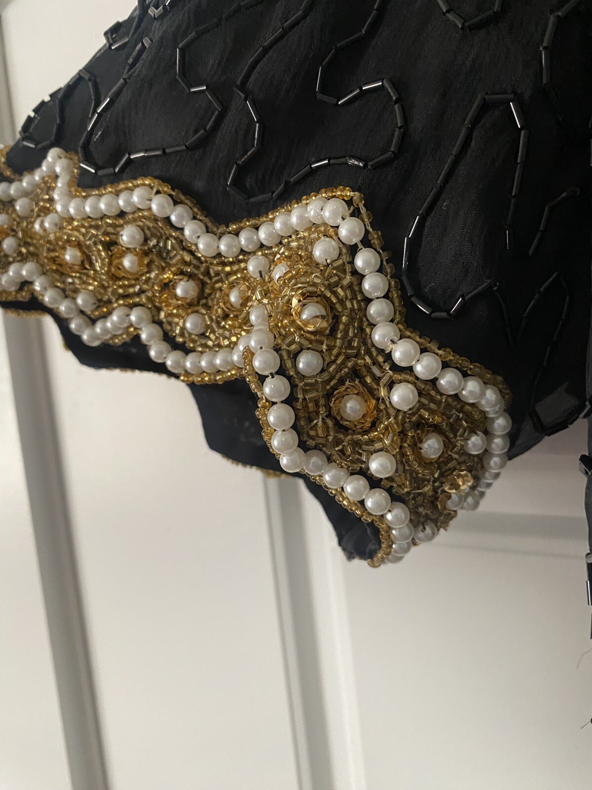 Laurence Kazarus Vintage Top, Beaded With Pearls Size XL Black Gold