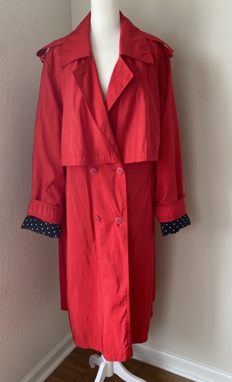 New York Harbor Petite 14 Full Length Red Trench Rain Coat w Polka Dots