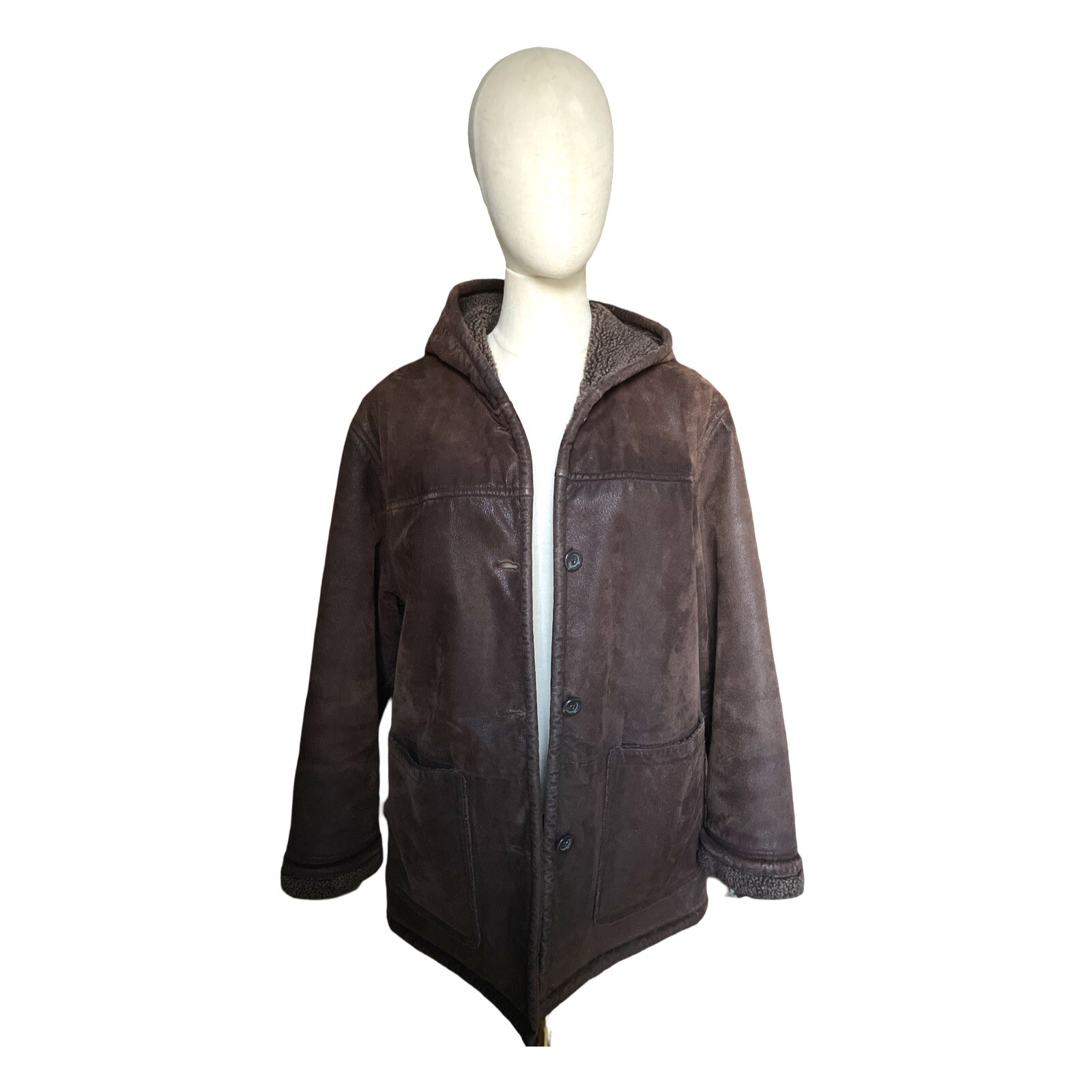 Vtg Brown Genuine Leather Faux Sherpa Lined Coat