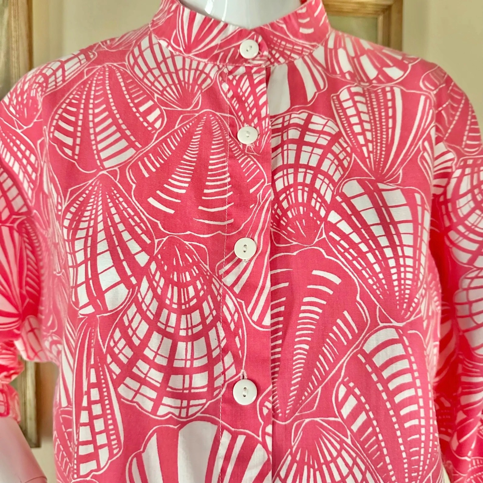 Vintage 70s Mr Hank Preppy Hot Pink Seashells Print Beach Cover-up Shirt Dress L