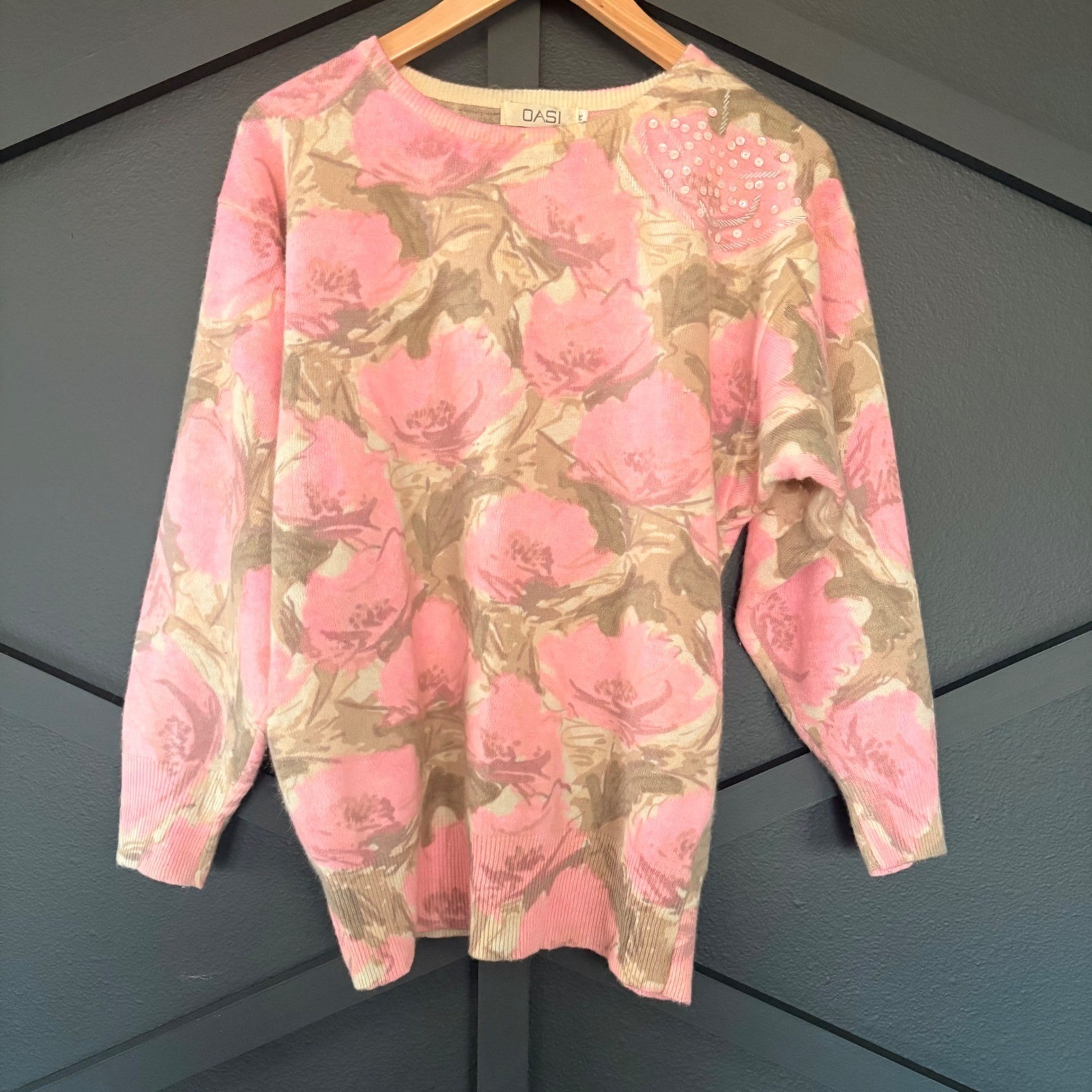 OASI Vintage Pink Floral Lambswool Angora Beaded Sweater Women’s MEDIUM Cottage