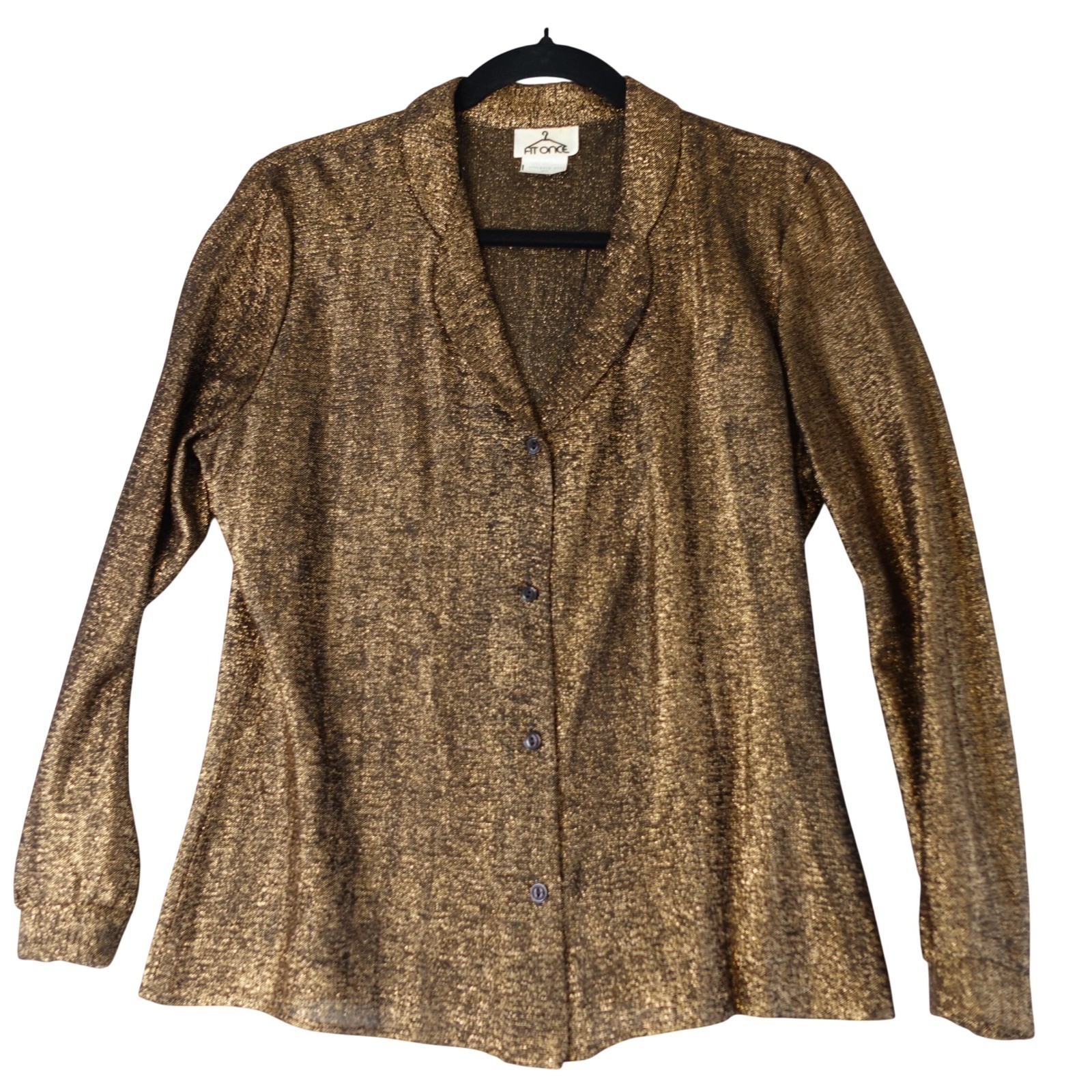 Vintage 70s Disco Shirt Womens M Gold Metallic Shimmer Retro Glam Button Up Top