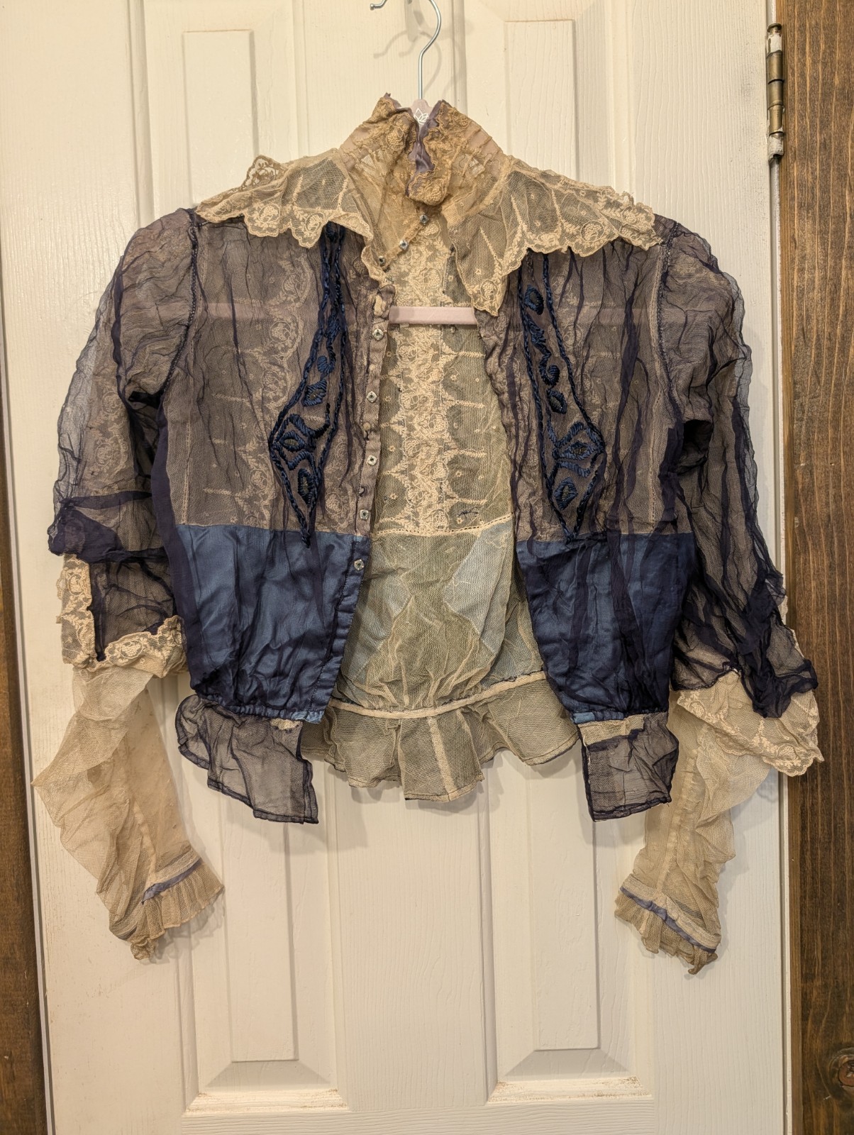 Antique Edwardian Cream Lace Blue Satin XS Women’s Blouse Handmade Bow Details