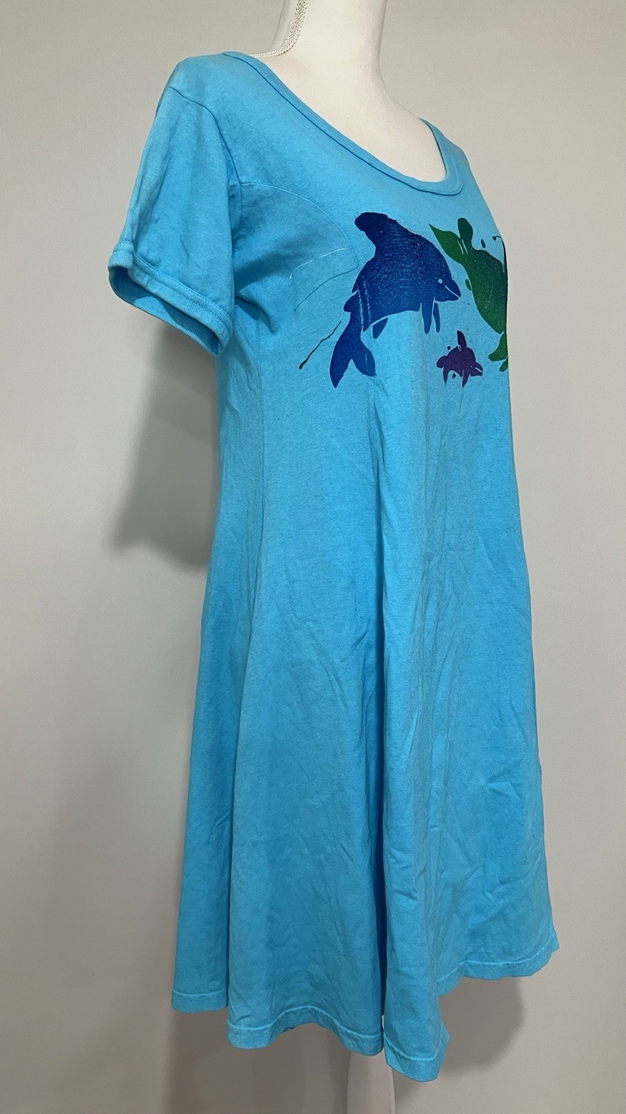 Rare Vintage 1980s Banana Boat Turquoise Dolphin and Fish Block Print Dress