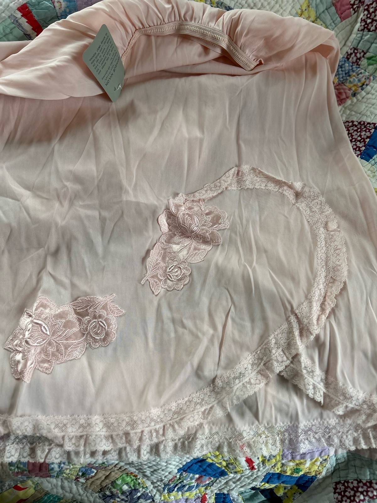 Vintage Half Slip Pink Midi Length Appliqué and Lace Trim Carillon 1588 Medium