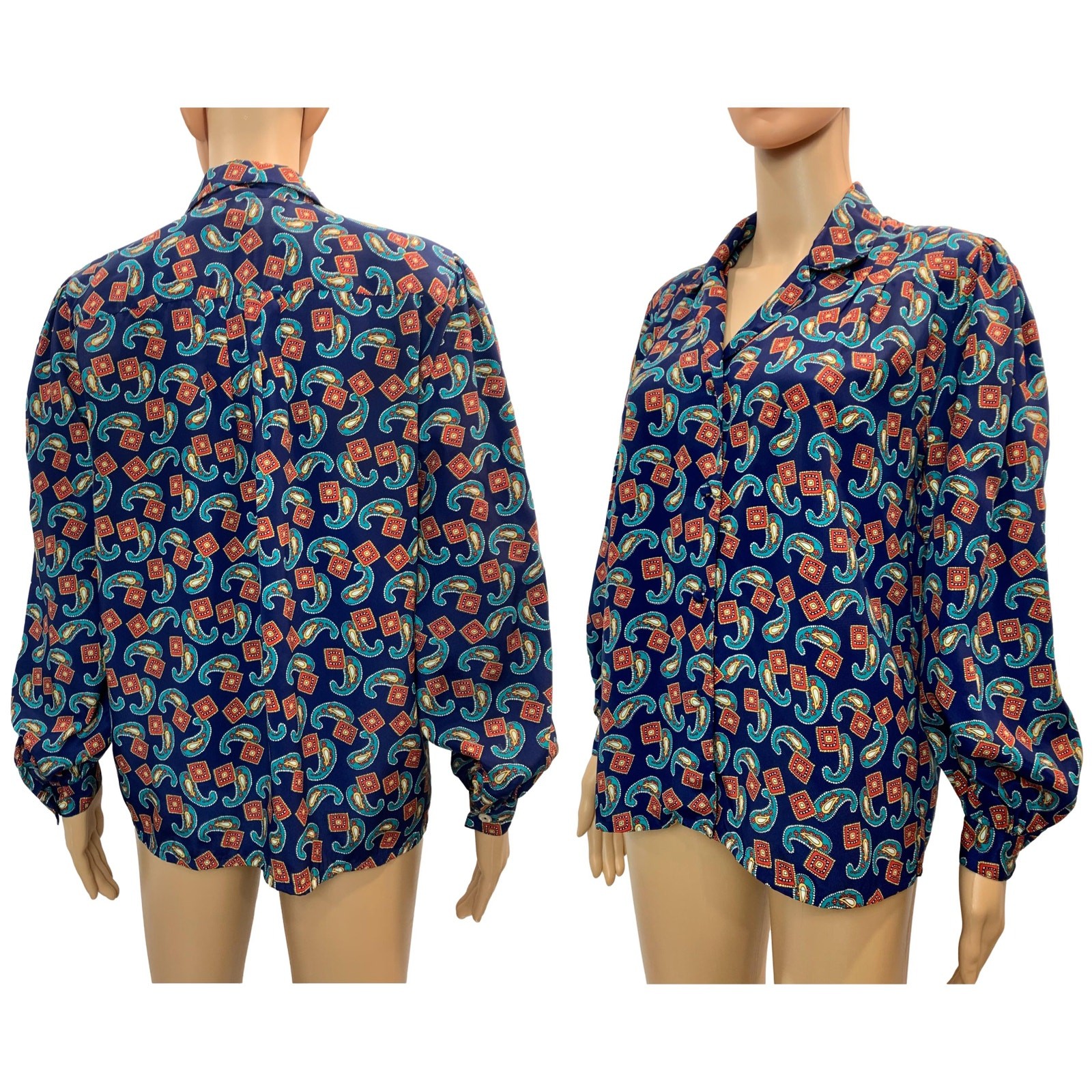 80s Silky Paisley Print Blouse Blue Teal Red Gold Josephine Size 6
