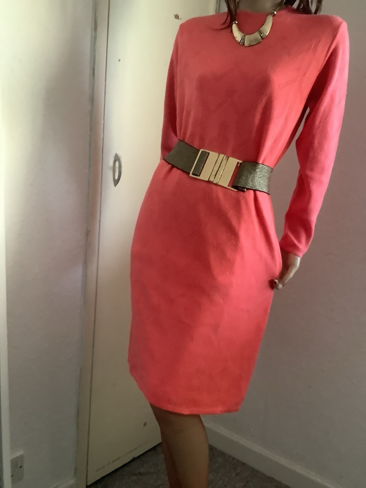 Vintage 1970s Coral Salmon Pink Knitted Dress 16