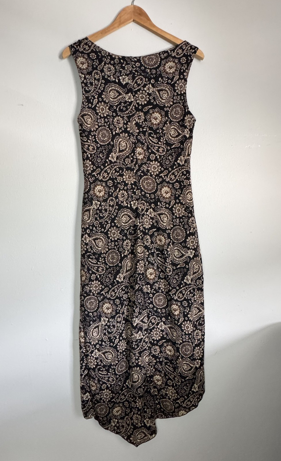 Vtg 90s Paisley Hi-Low Hem Midi Dress Womens Medium 8/10 Black Brown Boho Grunge