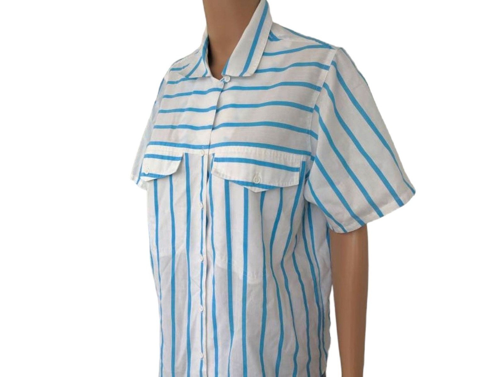 80s White Striped Summer Blouse Cotton Blend Casual Short Sleeve Button Down M