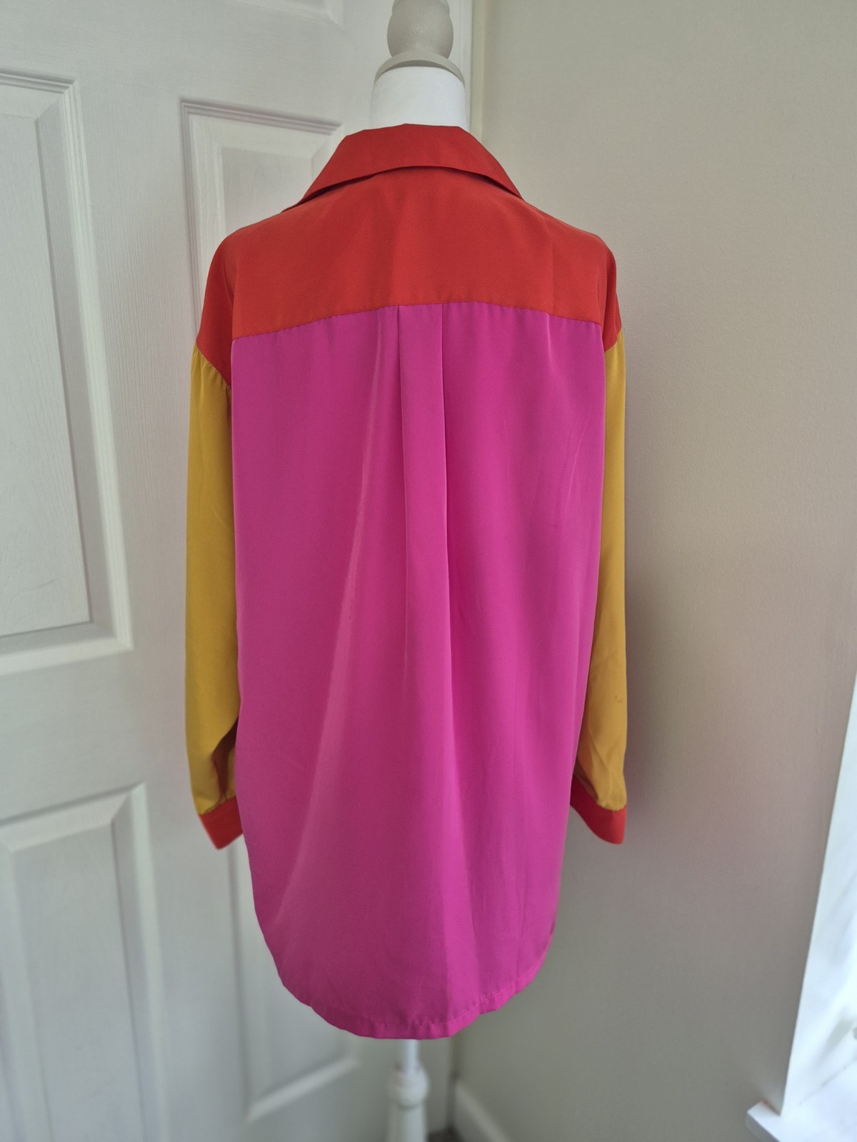 Vintage 80s Diane Von Furstenberg Colorblock Shirt Top Pink Red Yellow Sz 10 M