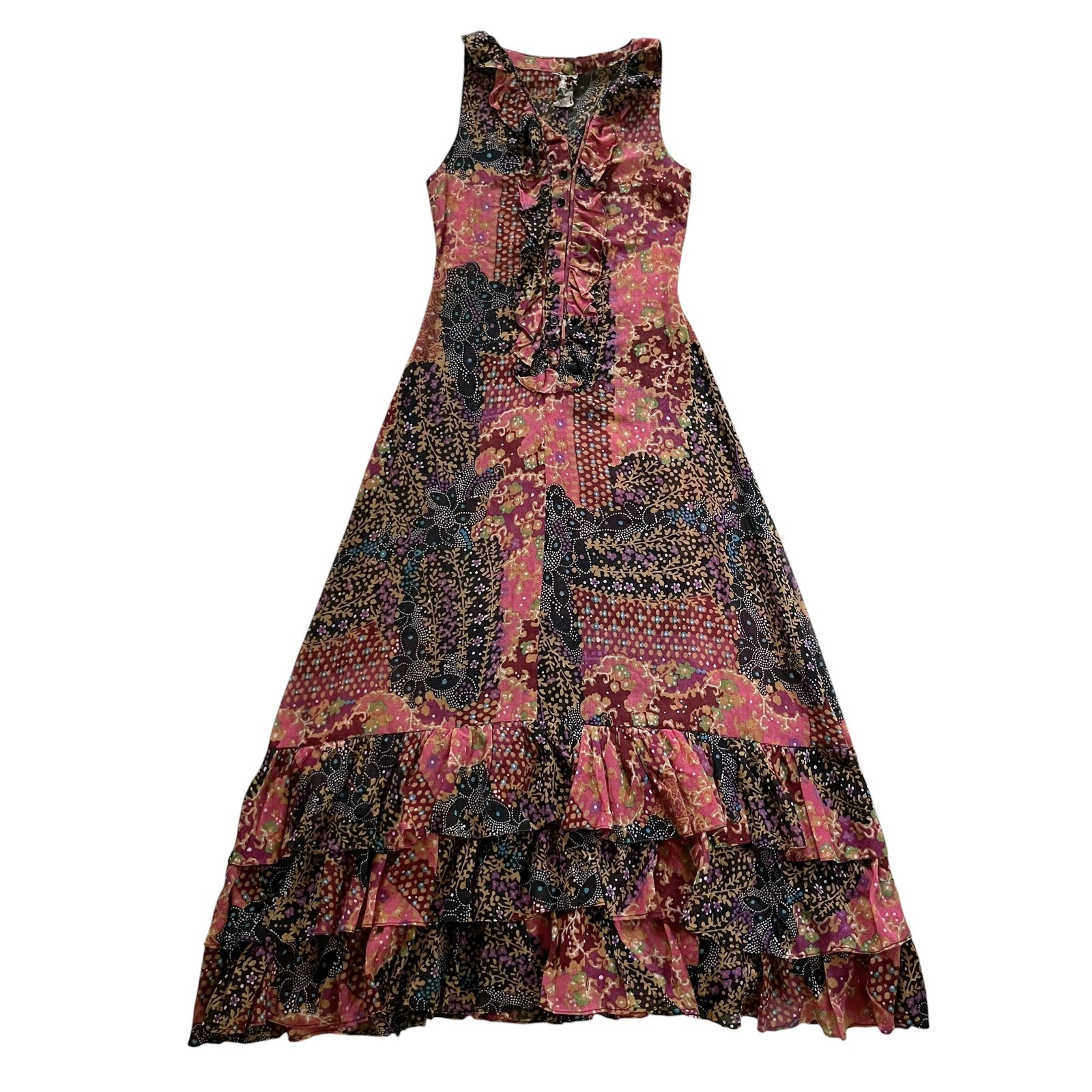 70s Vintage Boho Hippie Floral Patchwork Ruffle Trim Semisheer Maxi Dress Small