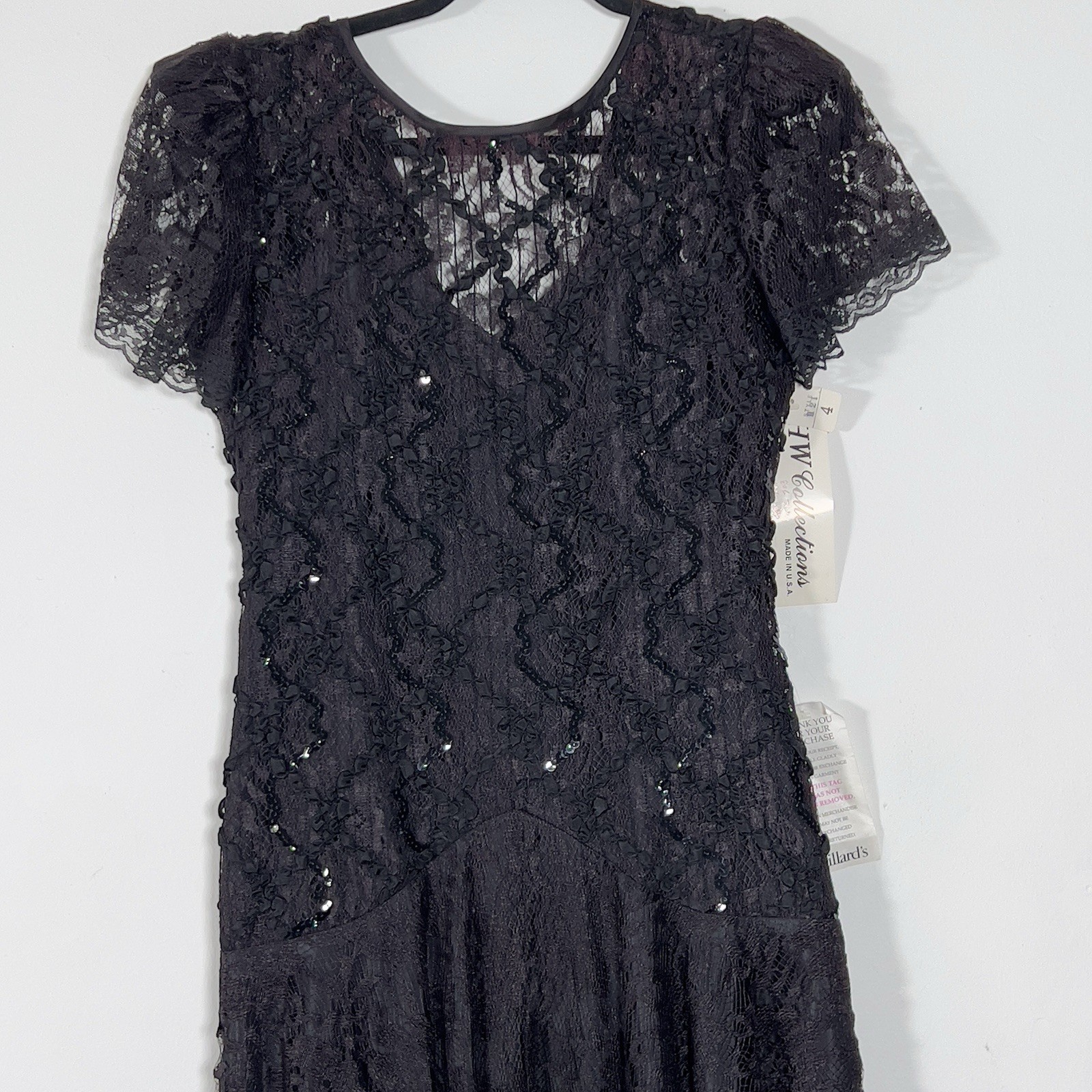Vtg HW Collections Sequined Lace Overlay Midi Dress Sz S/XS Black Scoop Back