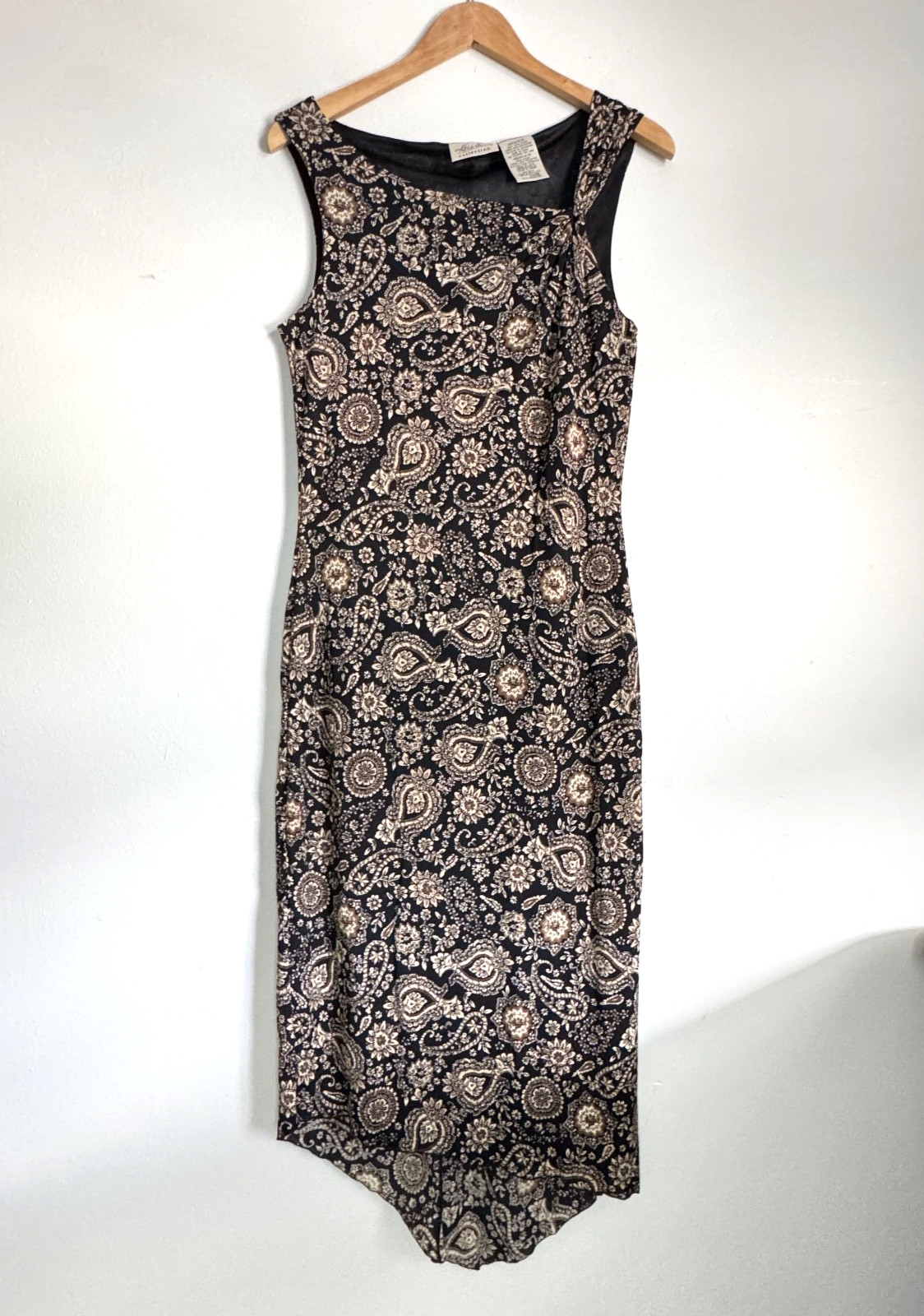Vtg 90s Paisley Hi-Low Hem Midi Dress Womens Medium 8/10 Black Brown Boho Grunge