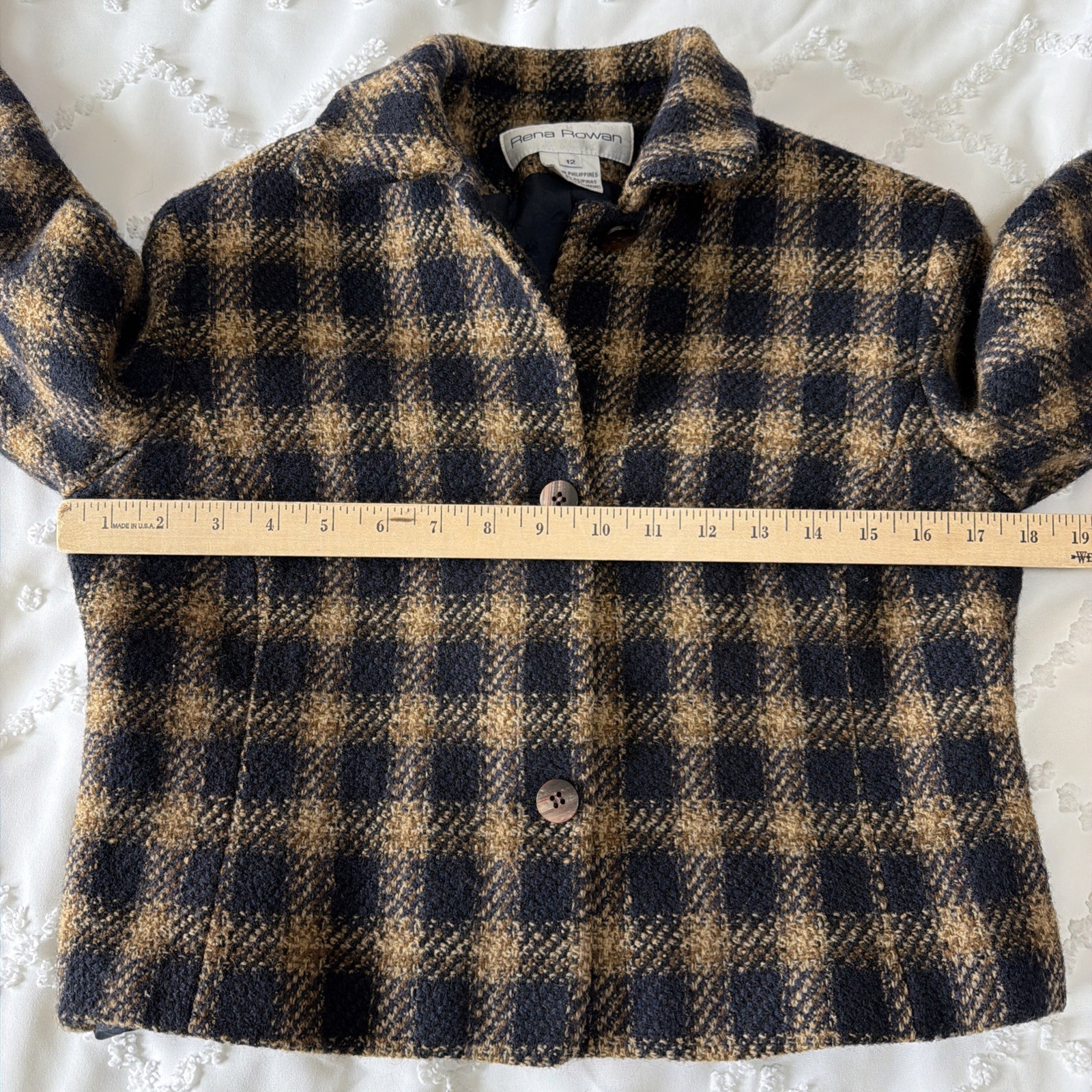 Vintage Rena Rowan Cropped Wool Blazer Jacket Women’s 12 Plaid Button Blue Brown